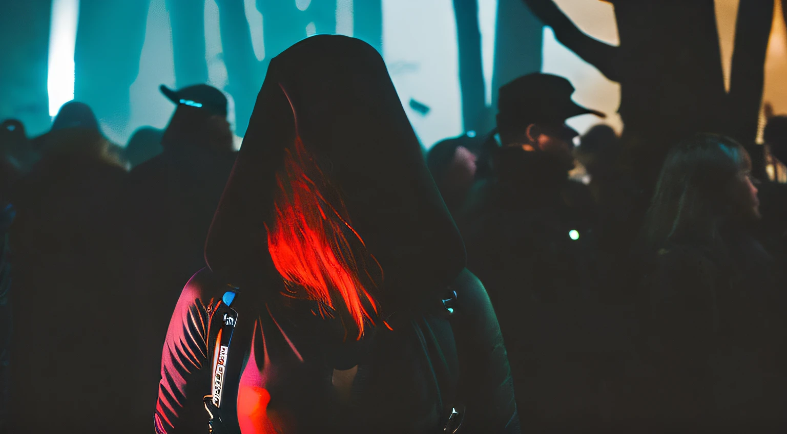 woods, dark vibes, night, fog, spooky techno woman, leather harness, raver, techno, crowd listening to dj