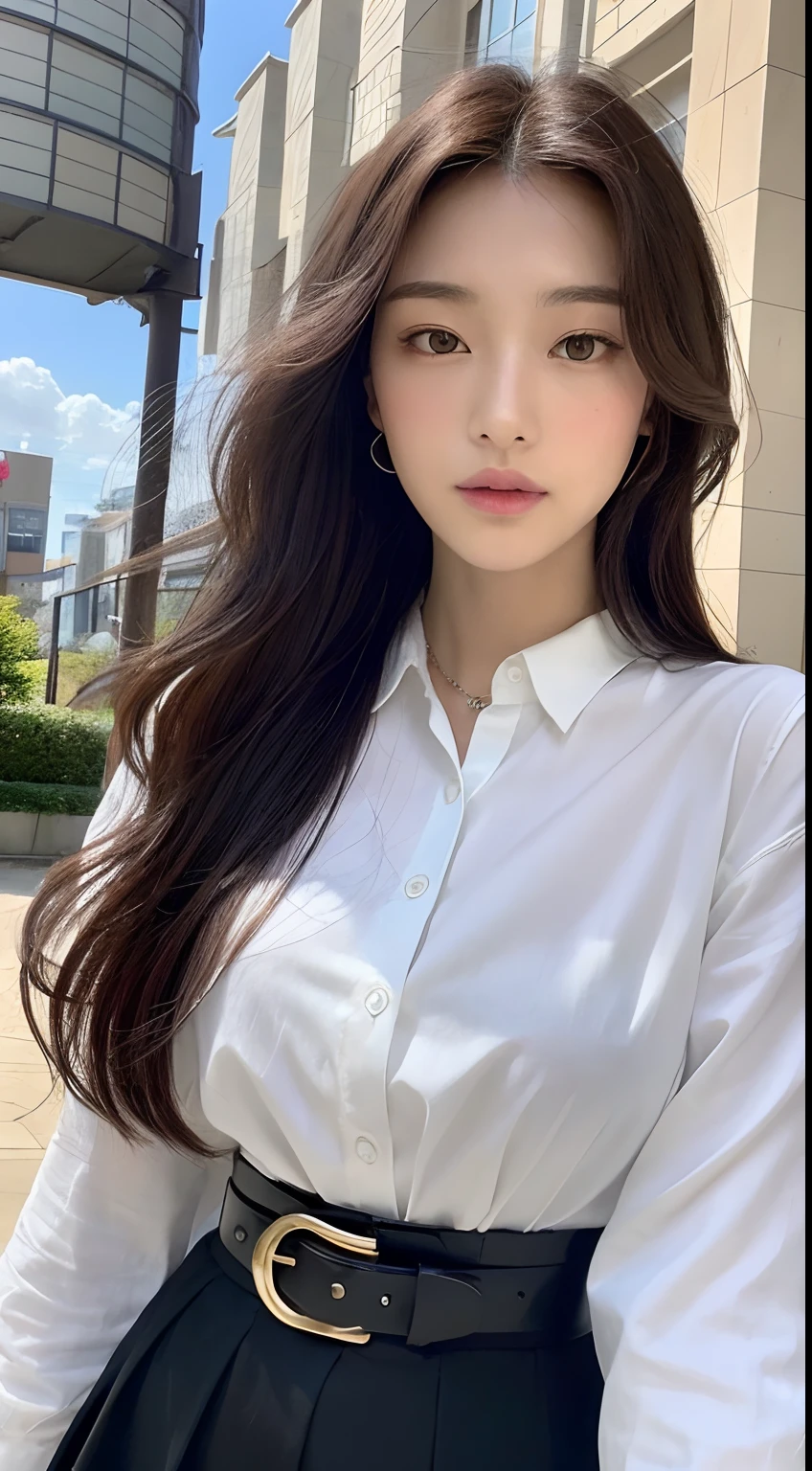 ((Best quality, 8k, Masterpiece :1.3)), Sharp focus :1.2, A pretty woman with perfect figure :1.4, Slender abs :1.2, ((Dark brown hair, Big breasts :1.2)), (White button up long shirt :1.1), City street:1.2, Highly detailed face and skin texture, Detailed eyes, Double eyelid