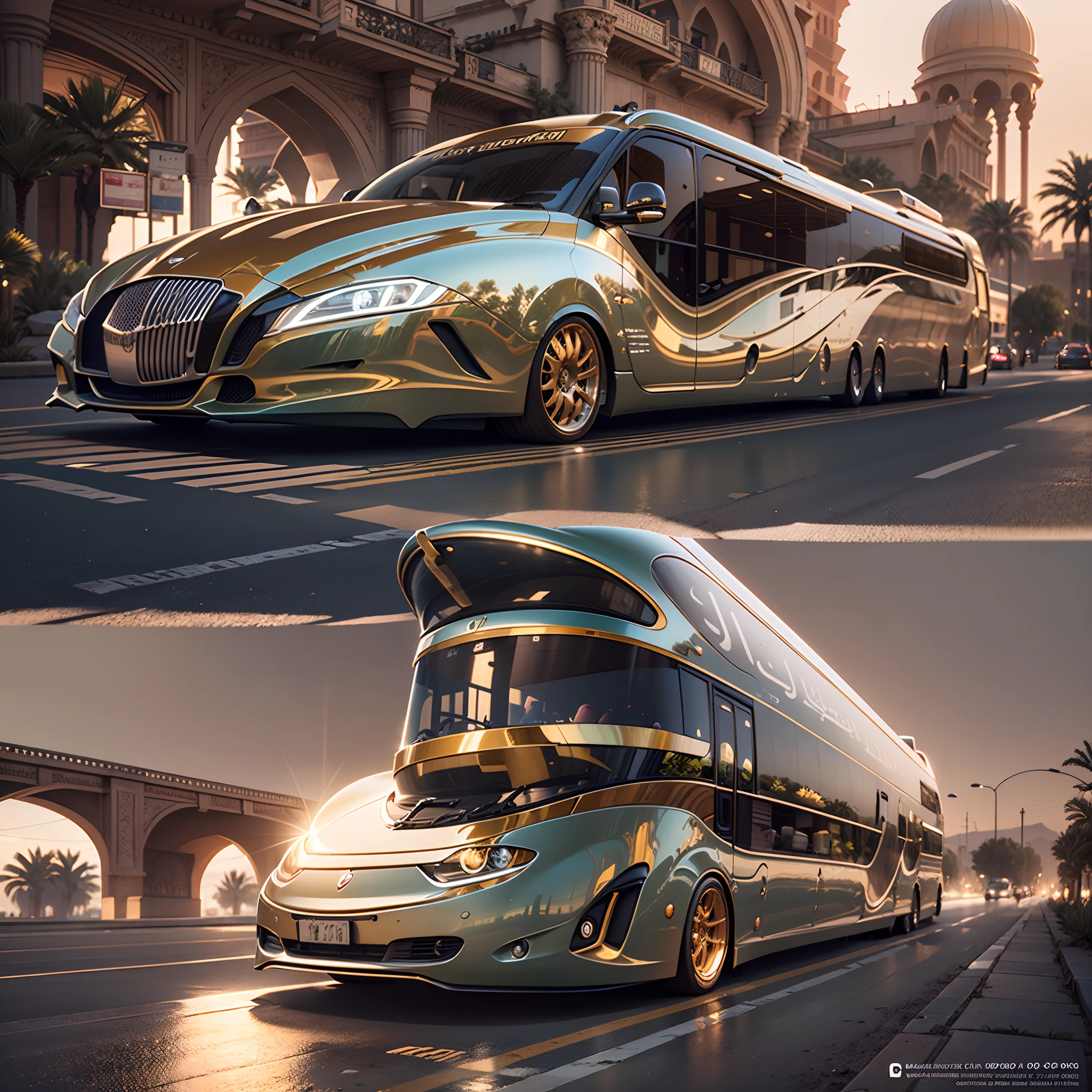 in a panoramic view,photorealestic,A super Arabian sci-fi luxury motorhome with open doors . A sci-fi fusion of Arabian luxury motorhomes,Huge body,Three-layer fuselage,There are observation decks and swimming pools,The entire body is covered with gold trim,inlaid gemstones,Arabic decorative motifs,A flat statue of a silver eagle adorns the front of the car,A large number of high-tech products,Streamlined,.You can see the luxurious interior of the car,Gold wheels,Half-track construction,The design is perfect, Combining high-tech and Arabian characteristics.The fuselage is streamlined, moving rapidly,The rear is slightly raised,Improve aerodynamic efficiency. . The body is dominated by gold, Bold, white and black. It may also have Arabic inscriptions on its body,More visible on the road。Under the light, It shows a more luxurious effect, Add a sense of technology to luxury motorhomes. . The background may be in the desert outside the future Arab megacities,Perfectcomposition,the detail,The light and shadow work best,HighestQuali,This CG-rendered realistic painting gives a grand scene and visual impact,Let the viewer feel a wonderful and magnificent sci-fi world。Epic,detail-rich,It forms a spectacular sight,Use Pixai to bring powerful AI models to life, Show the limitless creativity and possibilities of our imagination. Experience the future of the cityscape at Pixai,Immerse yourself in a visionary world of art,the detail, Masterpiece, Best quality, 8K, (Oily skin, cell-shaded:1.3), line art in colour, (The art of Maciej Cuciara:1.15), art of greg rutkowski,Intricate details, finetextures, Surreal,Perfectcomposition,A detailed,Cinematic texture,realisticlying,photorealestic,HighestQuali,,Version tone mapping, highly detailed, Smoothness, Sharp focus, Beautiful illustration, Epic effect,photore, The light from the back window is backlighted, 动态照明, Mist, 复杂, filmgrain, professinal,,Volumetriclighting, subsurfacescattering, Good highlights, Good shadows, cinematic ligh,B