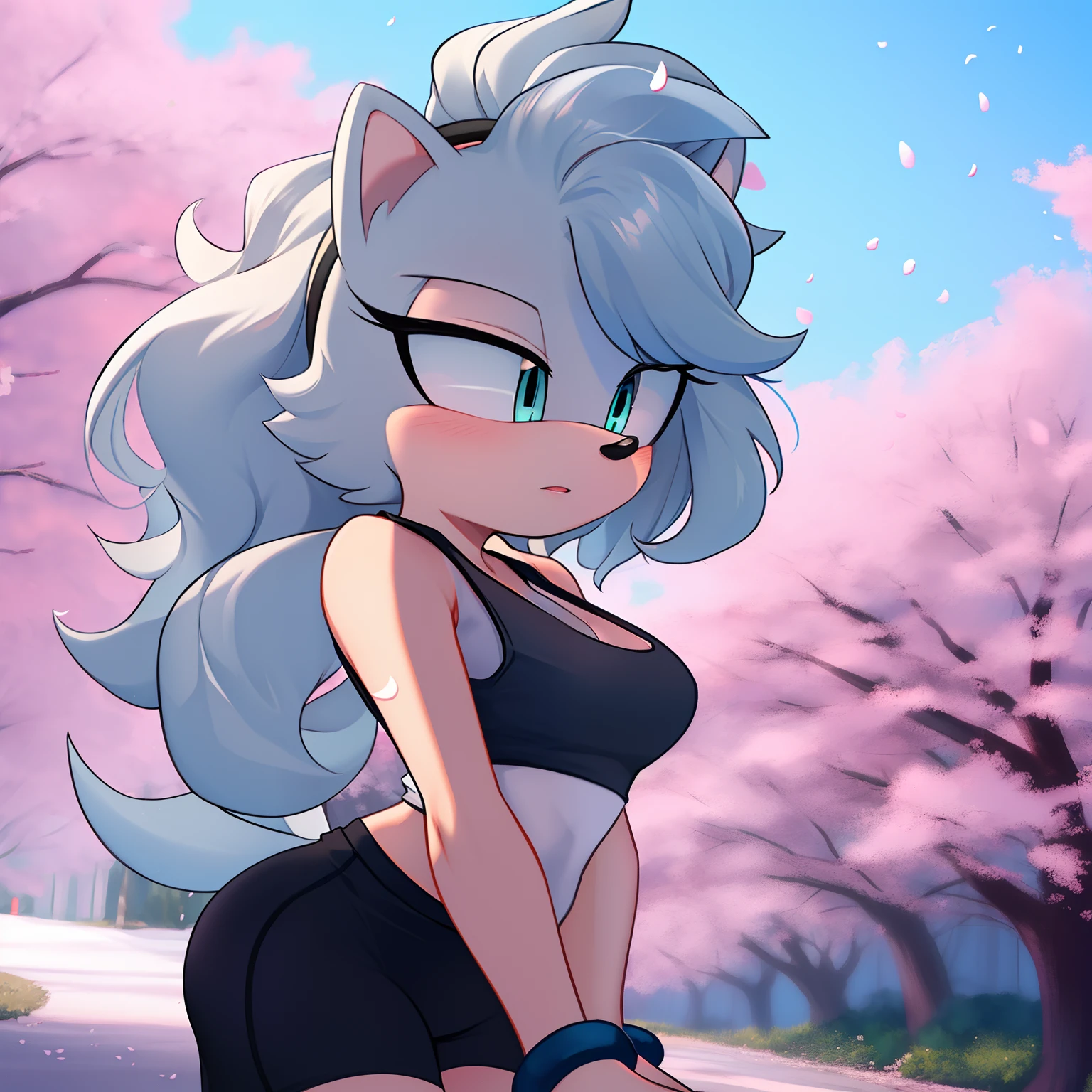 1girl, light gray fur, hedgehog, long black wavy hair, masterpiece, (white tank top:1.4), bra straps, 4k, black shorts, white wrist rings, turquoise eyes, cherry blossoms