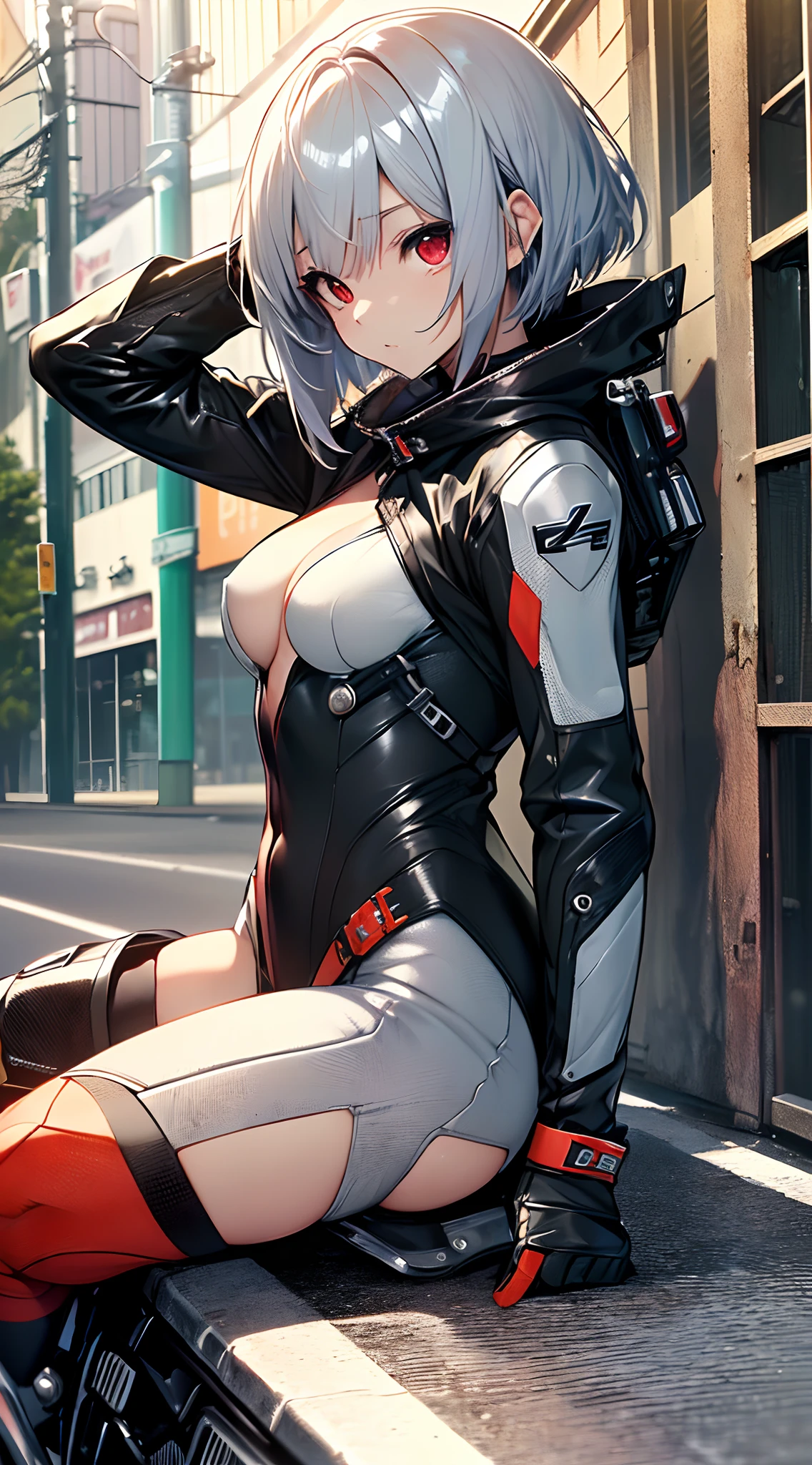 top-quality、Top image quality、in 8K,4K,masterpiece、(NSFW:1.1)、ultra-detailliert、Beautiful、ultra-quality、adult-like、Cool、girl with(((18year old、Sexy Rider Suit:1.3、Straddling a motorcycle、Firm and shiny skin:1.1、Bust 78、silber hair、a short bob、Red Eyes、、erotick:1.4、waking up))、Staring from the front、hiquality、visualart、Background with((Pass Road:1.3))、masutepiece