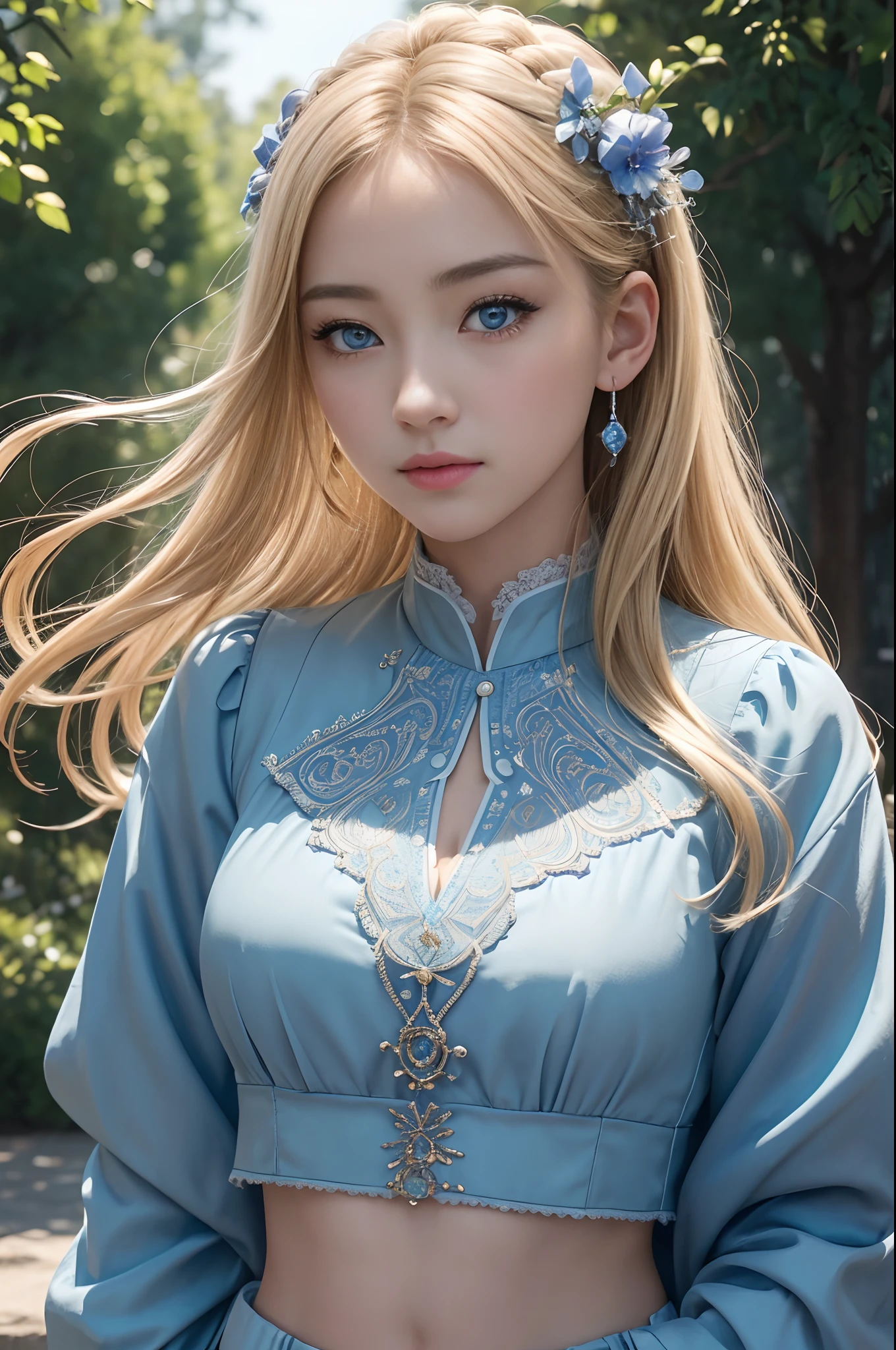 8k、top-quality、Actual image、intricate-detail、ultra-detailliert、超A high resolution、Depth Field、(Photorealsitic、realisitic:1.2)、​masterpiece、Photo of an aristocratic girl、european woman、Wearing a jacket、croptop、blue eyess、blonde  hair、blue eyess、独奏、suns、blue open sky、 top-quality、realisitic、Photorealsitic、(intricate detailes:1.2)、(delicate detail)、(Cinematic light)、Clear Line、foco nítido、lifelike face、Detailed face Unity 8K wallpaper、超A high resolution、(Photorealsitic:1.4)、looking at viewert