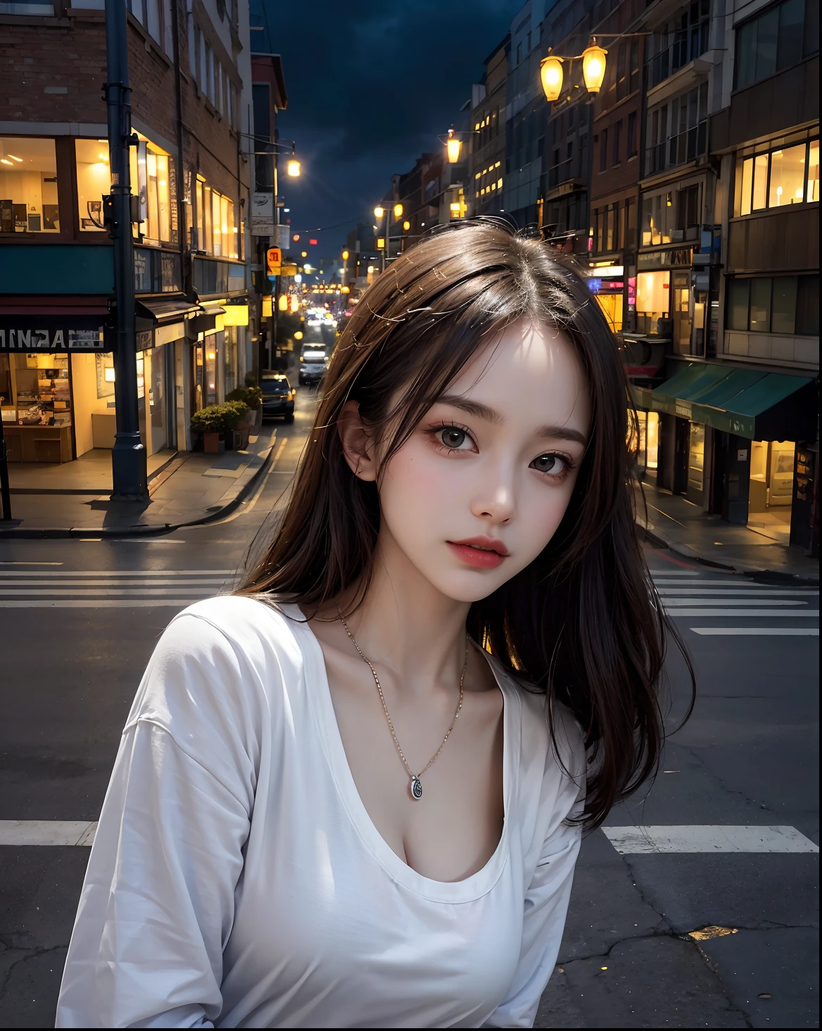 1girl, white shirt, necklace, night cityscape background, centered details, (best quality, 4k, 8k, high-res, masterpiece: 1.2), ultra-detailed, (realistic, photorealistic, photo-realistic: 1.37), vivid colors, sharp focus, natural lighting, bustling city lights, tall skyscrapers, playful expression, gentle moonlight, breezy atmosphere, city lights filtering through the streets, stunning clarity, vibrant urban surroundings, lifelike textures.