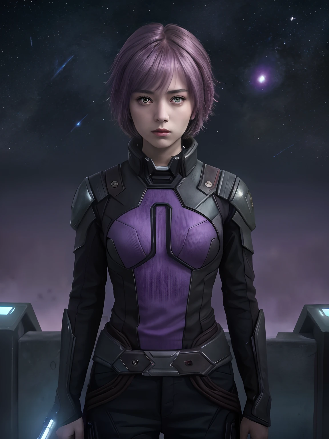 (highres, best quality:1.2), 1girl, upper body, masterpiece, nagato Yuki, standing, guardians of the Galaxy, solo, short hair, amber eyes, serious, ((lilac human skin color)), sci-fi assassin, ((photo)), 8k, teenage girl, starry sky