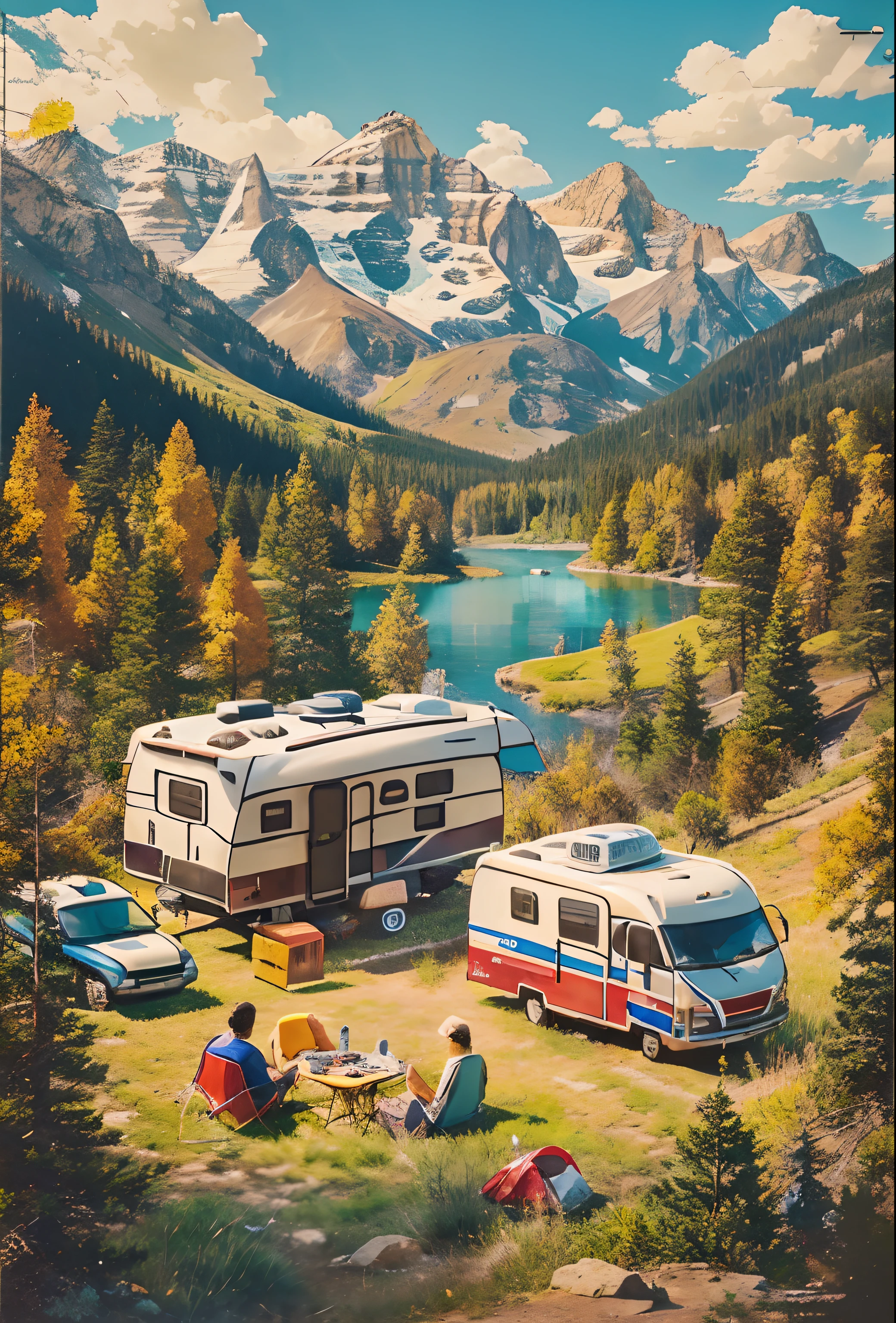 RV camping,Pop art,Albert Bierstadt,Great outdoor activities,Close-up shot,prime time,