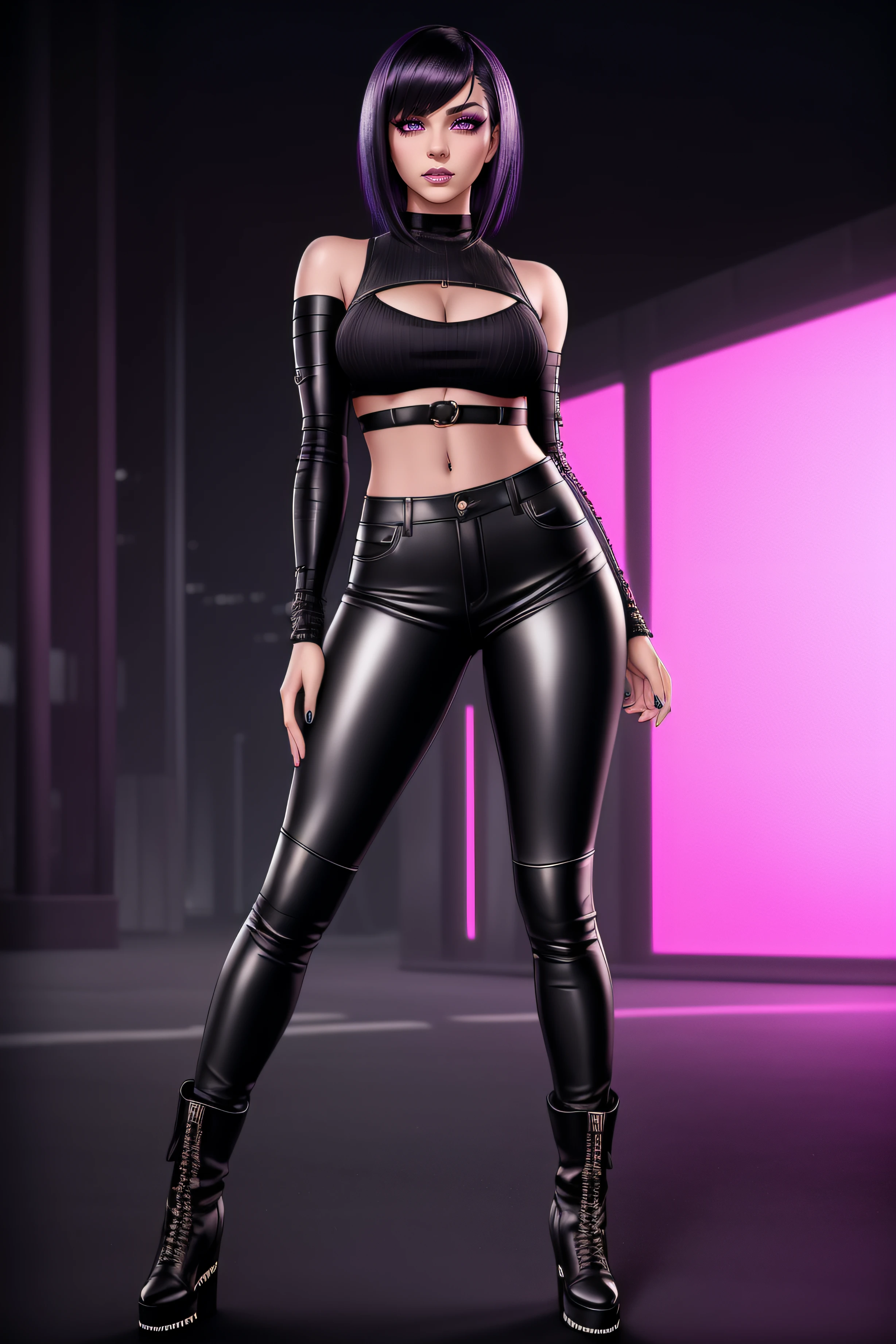 beautiful girl, ((standing:1.4)), (confident gaze:1.1), full body, short bright neon streaked black hair, ((realistic highly detailed eyes:1.4)), ((seductive pose:1.2)), black eyeshadow, (street style wear:1.2), ((tight fitted pants)), ((knee high leather boots)), (dark city night black background:1.4), dark makeup, digital art, trending on artstation, highly detailed, fine detail, intricate, detailed facial features, sharp focus, smooth, aesthetic,