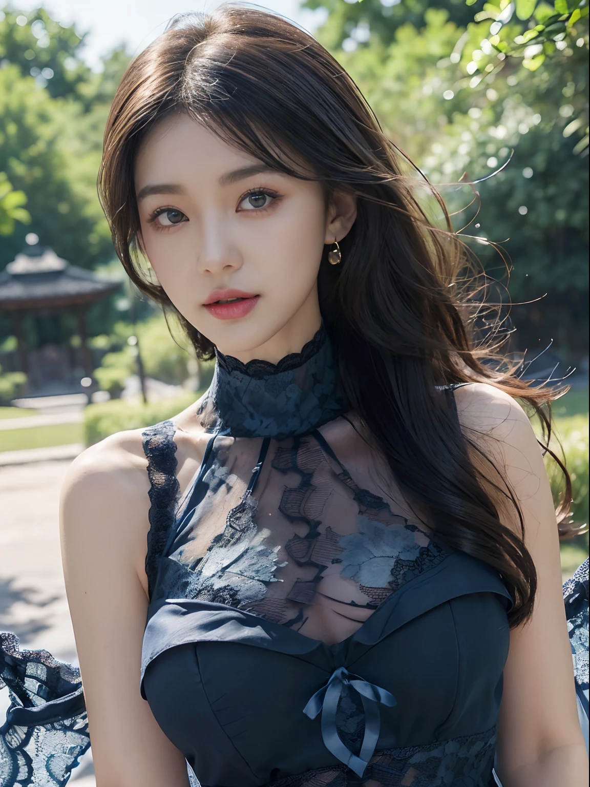 ((((top-quality))))、(((Ultra Precision CG16K Wallpapers)))、(((masterpiece)))、(((ultra-detailliert)))、(((Ultra-extreme details)))、One woman、a matural female、24-year-old woman、((Japanese face))、((extremely beautiful face))、((Semi-long cut:1.4))、(curly hair)、Bangs up to the eyebrows、Beautiful brown hair、Beautiful delicate eyes、Brown eyes、lofty nose、small nostrils、seductive lips、Beautiful breasts、C-cup size breasts、cleavage of the breast、Beautifully proportioned proportions、perfect anatomia、Beautiful and detailed shading、Beautiful natural lighting、Beautiful detail glow、depth of fields、(((a high chroma)))、((realisitic:1.9))、((Vivid:1.4))、((Beautiful skin))、((Skin texture))、dynamic ungle、((close up))、((Angle from the front))、((ssmile))、(Staring eyes)、Bright sunshine、((standing in park))、(Background blur)、((Dark blue lace dress:1.5))、(sleeveless)、(Dark blue choker)、