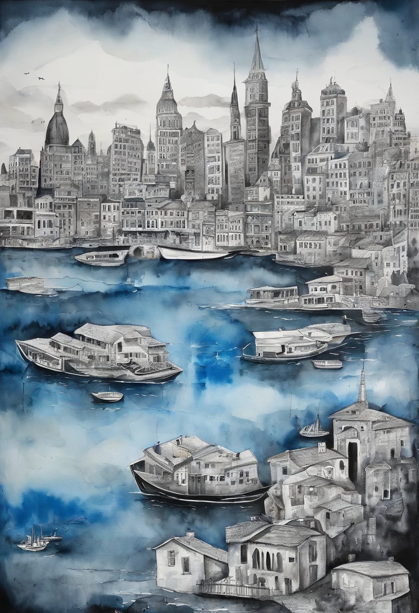 White and black photo of blue water city, Contemporary collage style, Animated GIFs, album covers, Fluid, high detal, Yankeeko, Relief