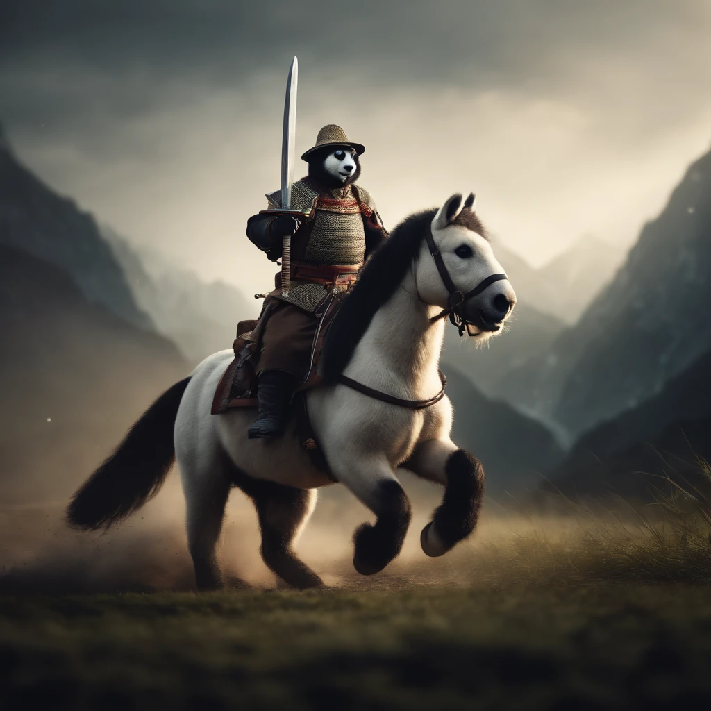 panda soilder riding a horse with a sword