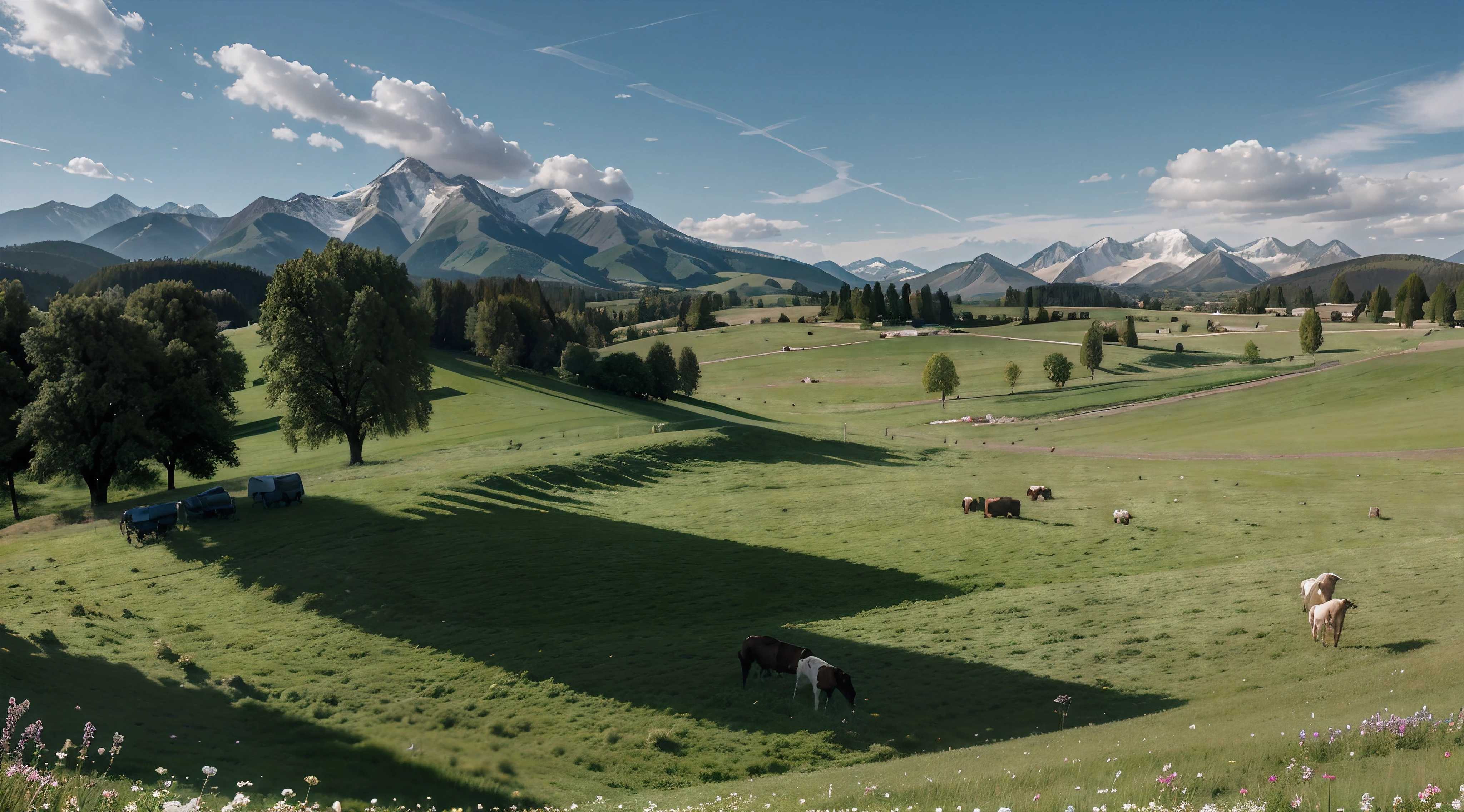Create a wallpaper from the default Windows XP desktop wallpaper that replaces normal grass with marijuana, beautiful day with sunlight, cows eating, dog sleeping under tree, high sastuation, clear view to mountains, small flowers on grass