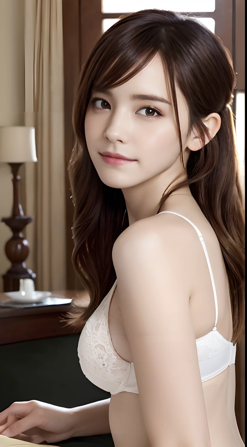 (A hyper-realistic), (hight resolution), (8K), (ighly detailed), (beatiful detailed eyes), (top-quality), (ultra-detailliert), (masterpiece), (Detailed face), selfee、faces、ass hole up、softfocus、Simple white bra、japanes, Smile, twintails hairstyle、Hotel room, morning hour、face of emma watson、bookcase、houseplant、the morning sun