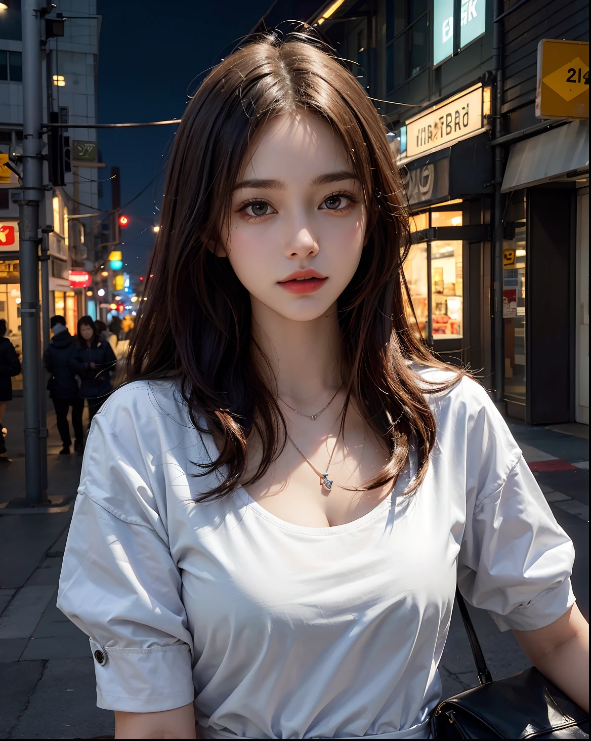 1girl, white shirt, necklace, night cityscape background, centered details, (best quality, 4k, 8k, high-res, masterpiece: 1.2), ultra-detailed, (realistic, photorealistic, photo-realistic: 1.37), vivid colors, sharp focus, natural lighting, bustling city lights, tall skyscrapers, playful expression, gentle moonlight, breezy atmosphere, city lights filtering through the streets, stunning clarity, vibrant urban surroundings, lifelike textures.