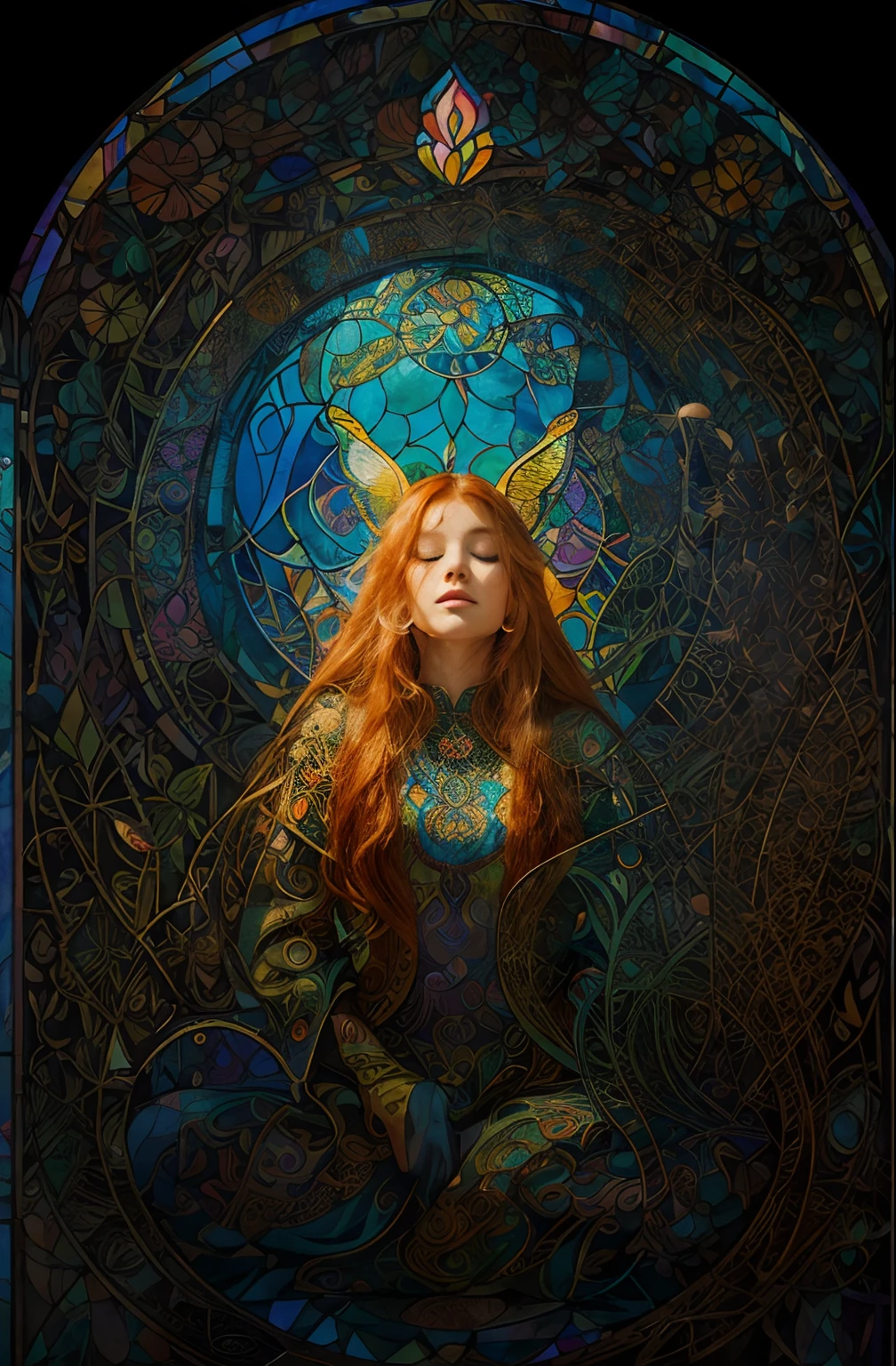 ultra detailed illustration in a psychedelic style of a woman while meditating, a beautiful ginger woman with straight hair, peaceful face with closed eyes, psychedelic art deco merged with art nouveau, art by MSchiffer A vitral window, art noveau style, prismatic art style, with colorful nature motives and a big fox in the middle, rounded upside, photorealistic