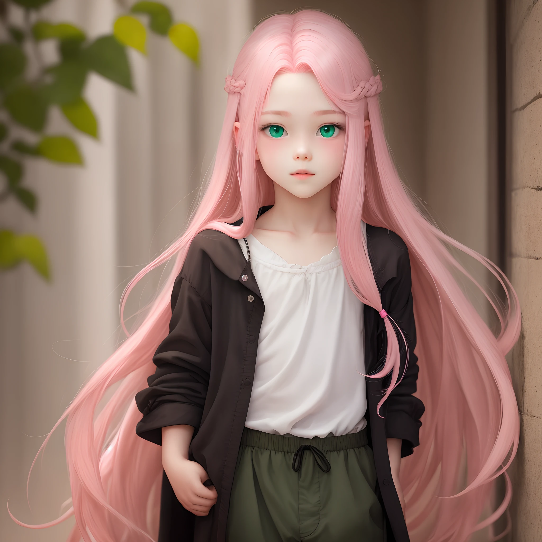 Boy with long pink hair and green eyes
