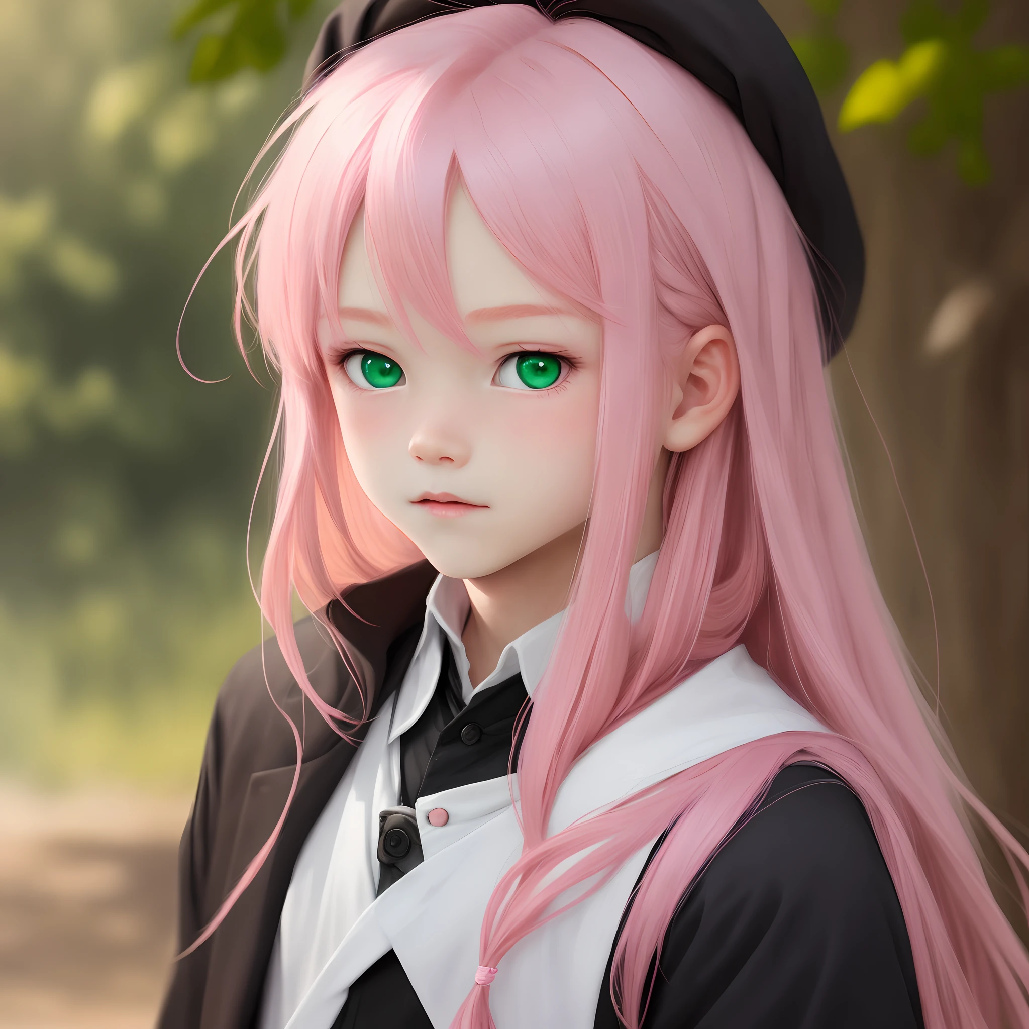 Boy with long pink hair and green eyes