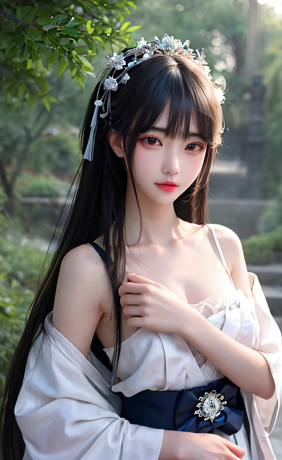 (8k, RAW photo, best quality, masterpiece:1.2), (realistic, photo-realistic:1.3), a girl in final fantasy cloth and skirt, final fantasy background, black long hair, bright sunny day, sad, tears,(looking at viewer:1.3),atmospheric perspective, bokeh, intricate detail, detailed facial features, sharp focus, smooth, aesthetic, extremely detailed, stamp