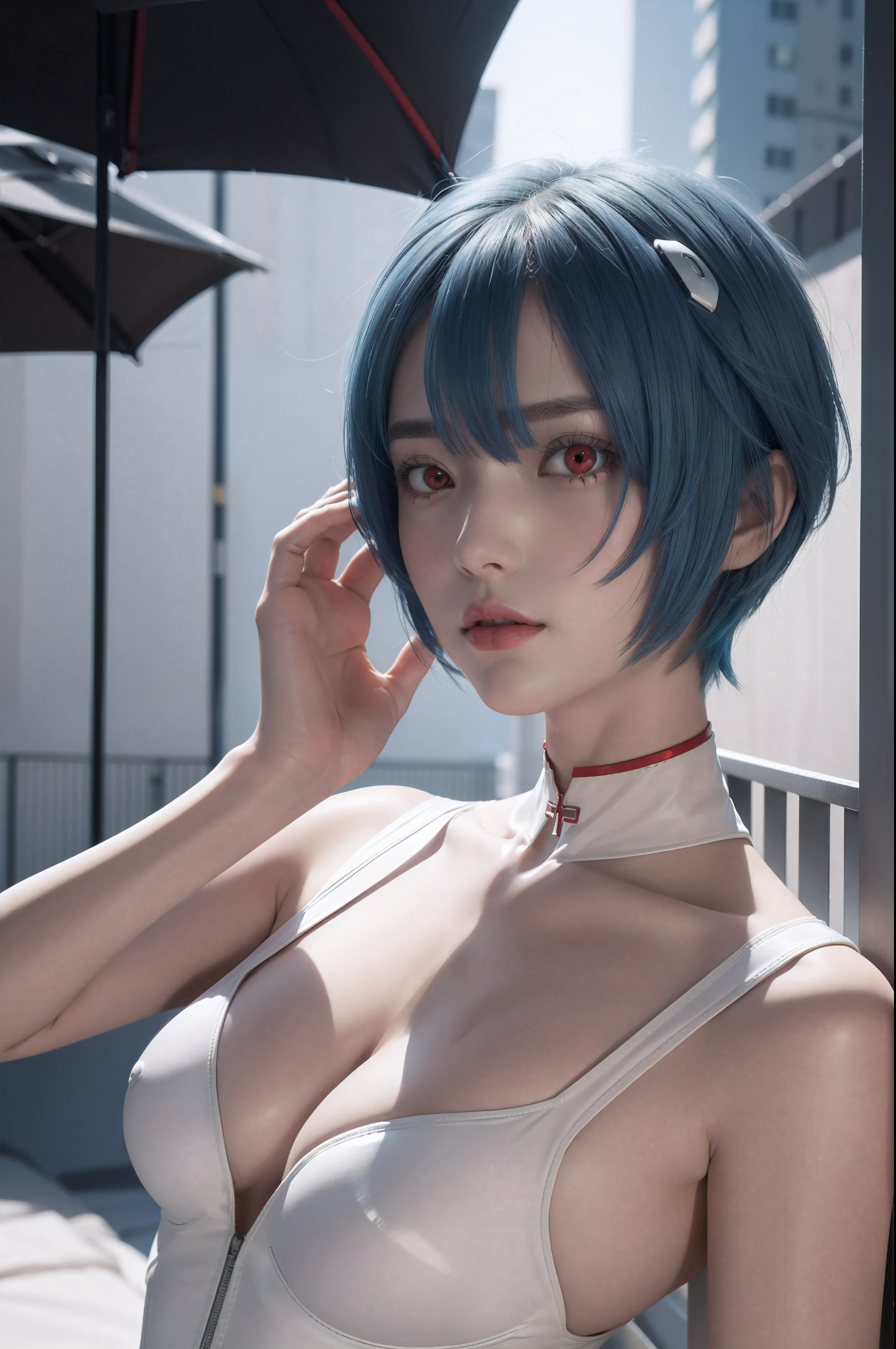 Reyanami, Rei Ayanami, blue hair, Short Hair Hair, (Red Eyes:1.5),
Broken bodysuit, headgear, plugsuit, White bodysuit,
Outdoor Stay, city,
viewer look.,
romper (masterpiece:1.2), bestquality, high-res, Unity 8k壁纸, (illustration:0.8), (beautiful detail eyes:1.6), very detailed face, perfect lighting, Very detailed, (perfect hands, perfect anatomy),