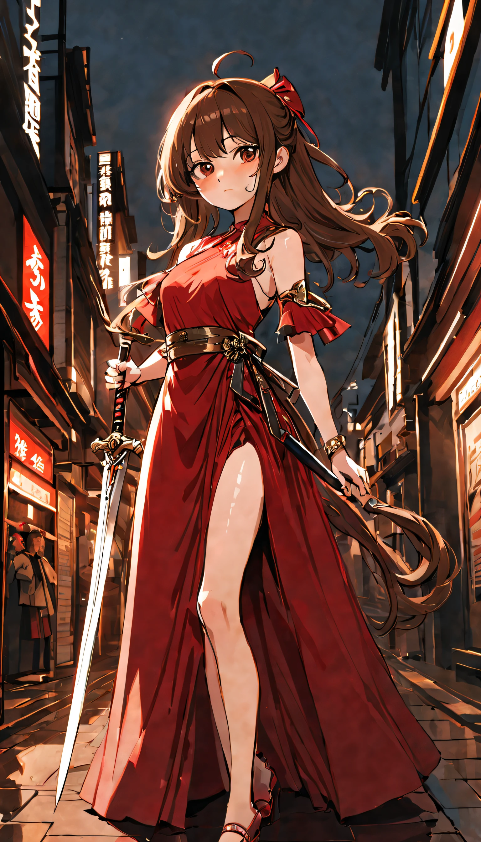A girl, Long brown hair, brown eyes, Red Evening Dress, Sword in hand, Inscription on Roppongi Cyberyap dress