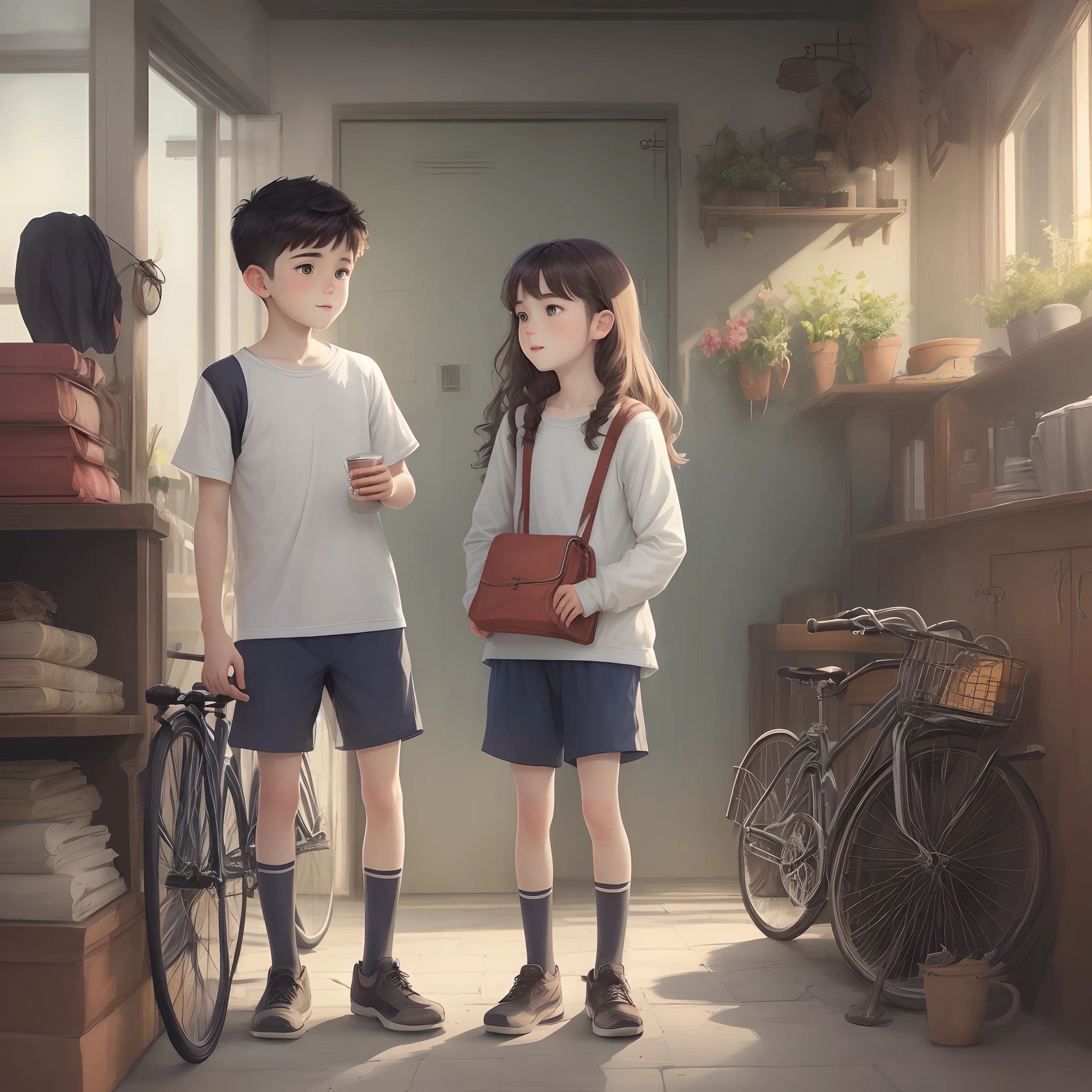 A skectch of a boy and a girl with cycle