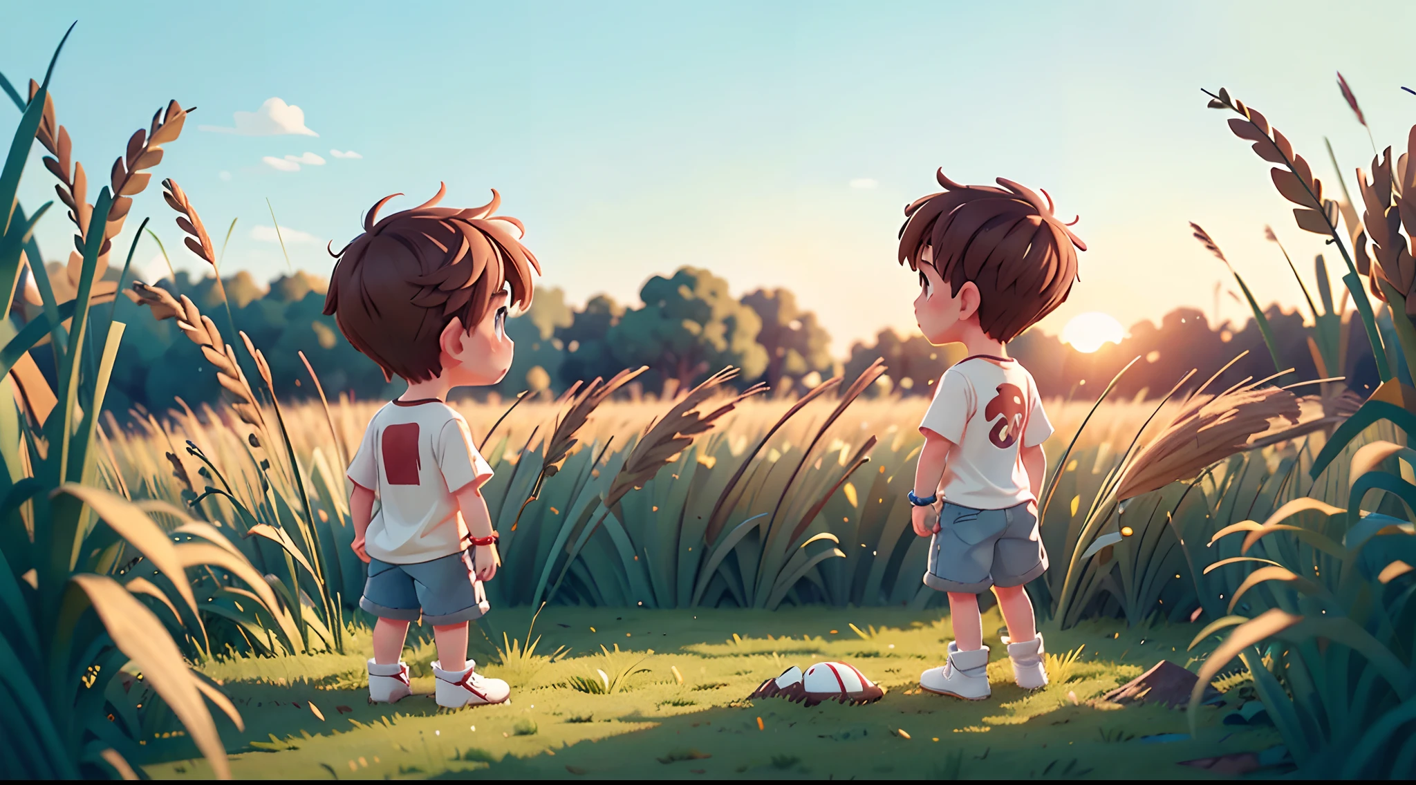 Anime boy, boy's back, brown hair, white t-shirt, jean trousers, bracelet, white sneaker boots, standing in tall grass, sunset, looking at sky, evening background, grassy land, grass field, beautiful scenery, perfect lighting, looking at sunset