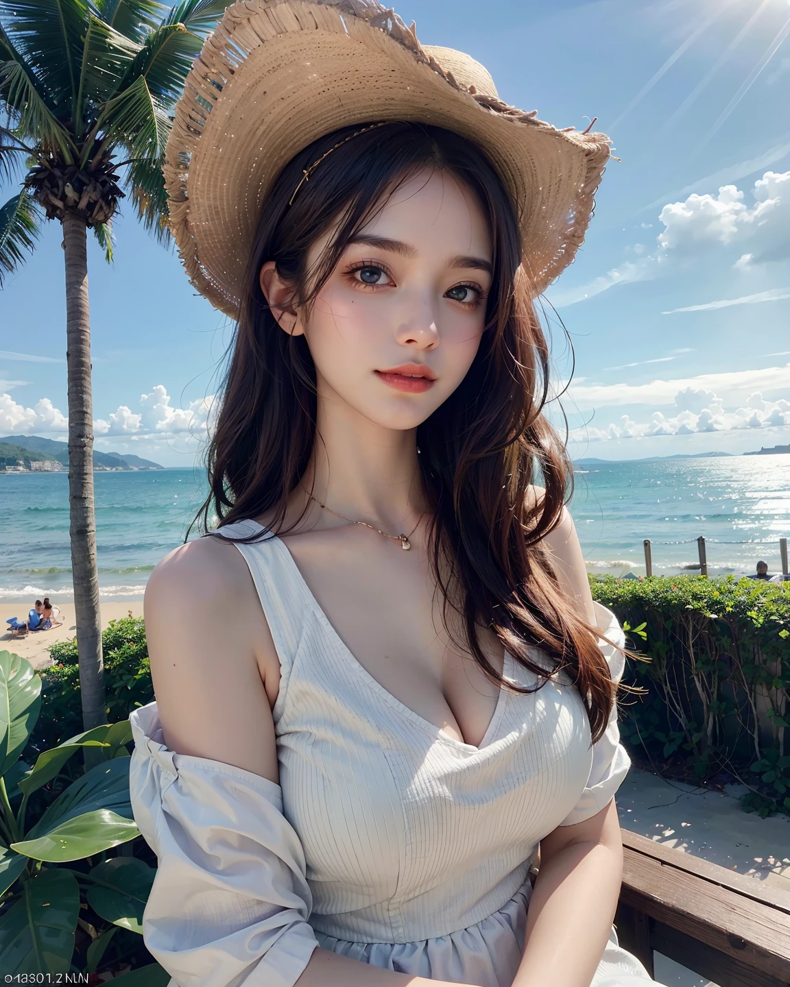 (best quality,4k,8k,highres,masterpiece:1.2),ultra-detailed,(realistic,photorealistic,photo-realistic:1.37),beautiful girl,soft golden sunlight,swirling ocean waves,sandy beach,gently blowing wind,dreamy atmosphere,vibrant colors,subtle pastel tones,bokeh,ethereal feeling,wavy flowing hair,sheer white dress,stylish straw hat,sun-kissed skin,expressive eyes,rosy cheeks,lush green palm trees,tropical paradise,serene and calm mood,warm and inviting scenery,relaxing and tranquil ambiance,serene expression,beauty and grace,seaside portrait,feeling of freedom and joy,azure blue sky,gentle sea breeze,purity and innocence,aesthetic coastal landscape,lively and dynamic composition,whimsical and enchanting,blissful summer day.