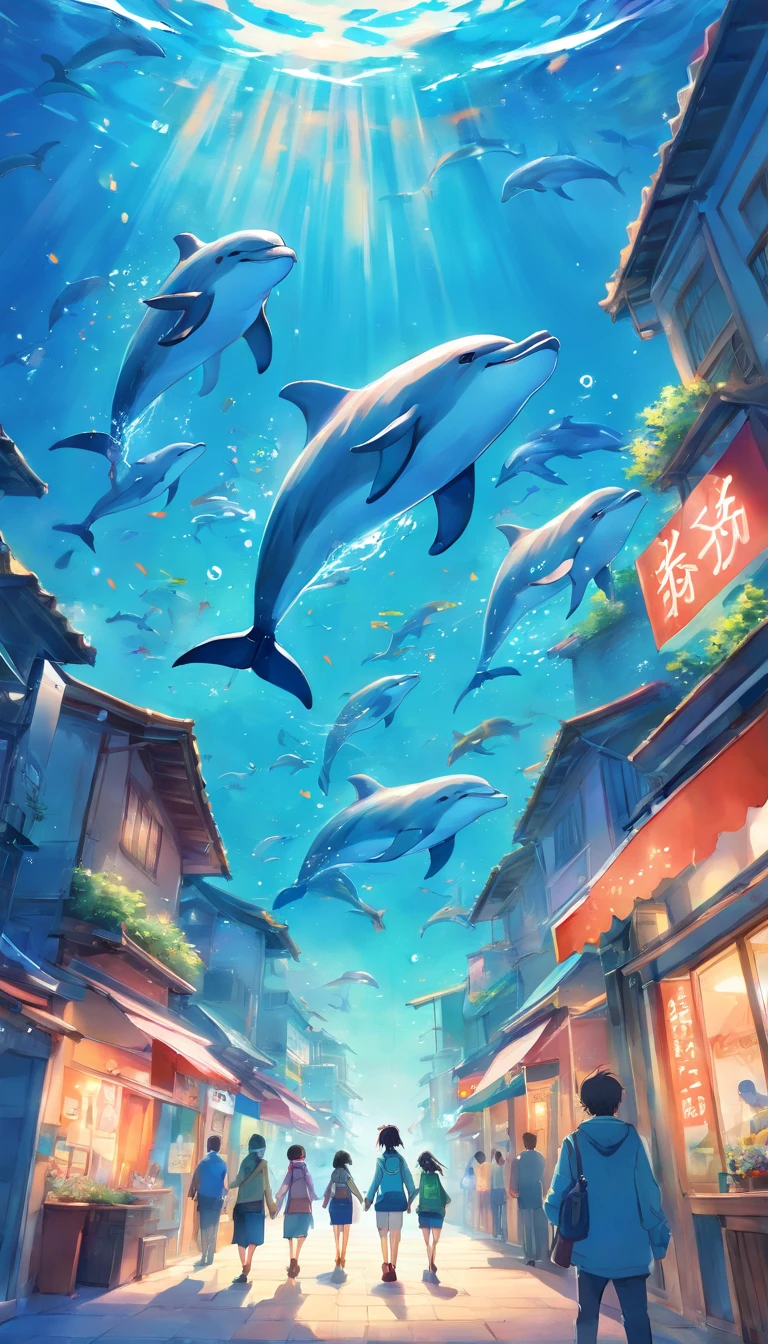 Drawing of dolphins swimming in colorful sea, Look up at the composition, Jellyfish and whales from the sky, inspired by Cyril Rolando, a beautiful artwork illustration, Authors:Sitao, colorful concept art, Makoto Shinkai Siriro Roland, in style of cyril rolando, flying whales, highly detailed water colour 8k, highly detailed watercolor 8 K,octans,sona,Realistic,8K,Shinkai Makoto style( Reasonable design, ligne claire, High sharpness,Best Quality, Very detailed, Master Parts, Movie Light Effects, 4K )