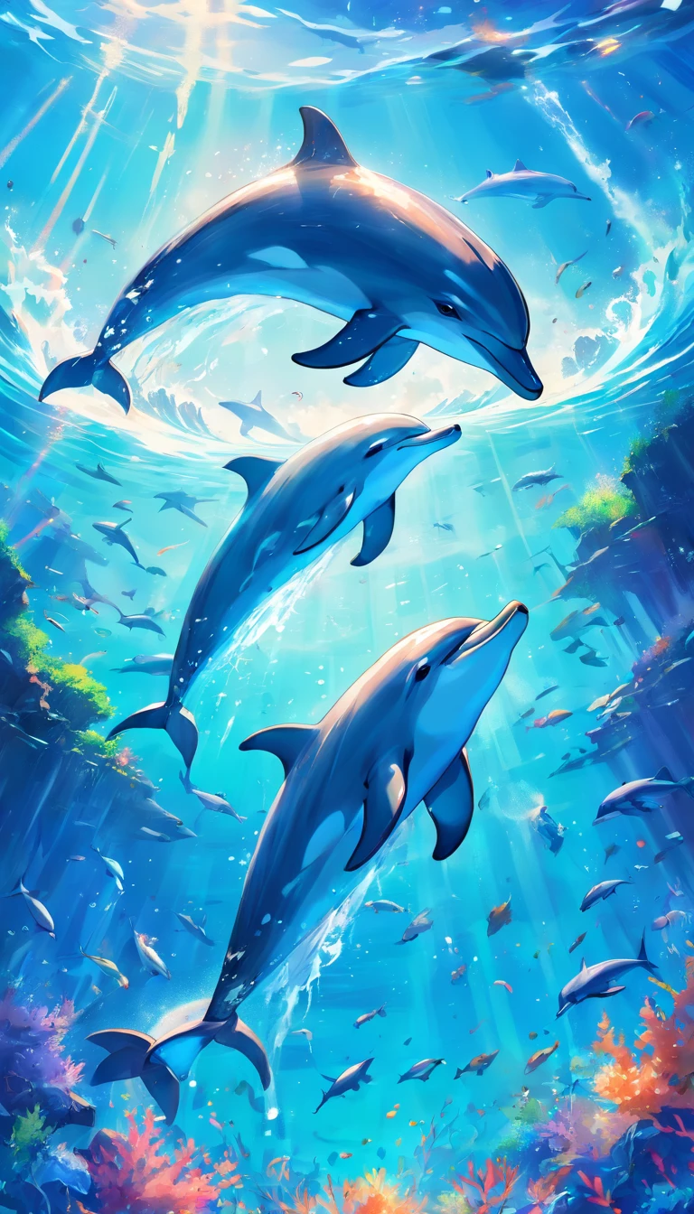 Drawing of dolphins swimming in colorful sea, Look up at the composition, Jellyfish and whales from the sky, inspired by Cyril Rolando, a beautiful artwork illustration, Authors:Sitao, colorful concept art, Makoto Shinkai Siriro Roland, in style of cyril rolando, flying whales, highly detailed water colour 8k, highly detailed watercolor 8 K,octans,sona,Realistic,8K,Shinkai Makoto style( Reasonable design, ligne claire, High sharpness,Best Quality, Very detailed, Master Parts, Movie Light Effects, 4K )