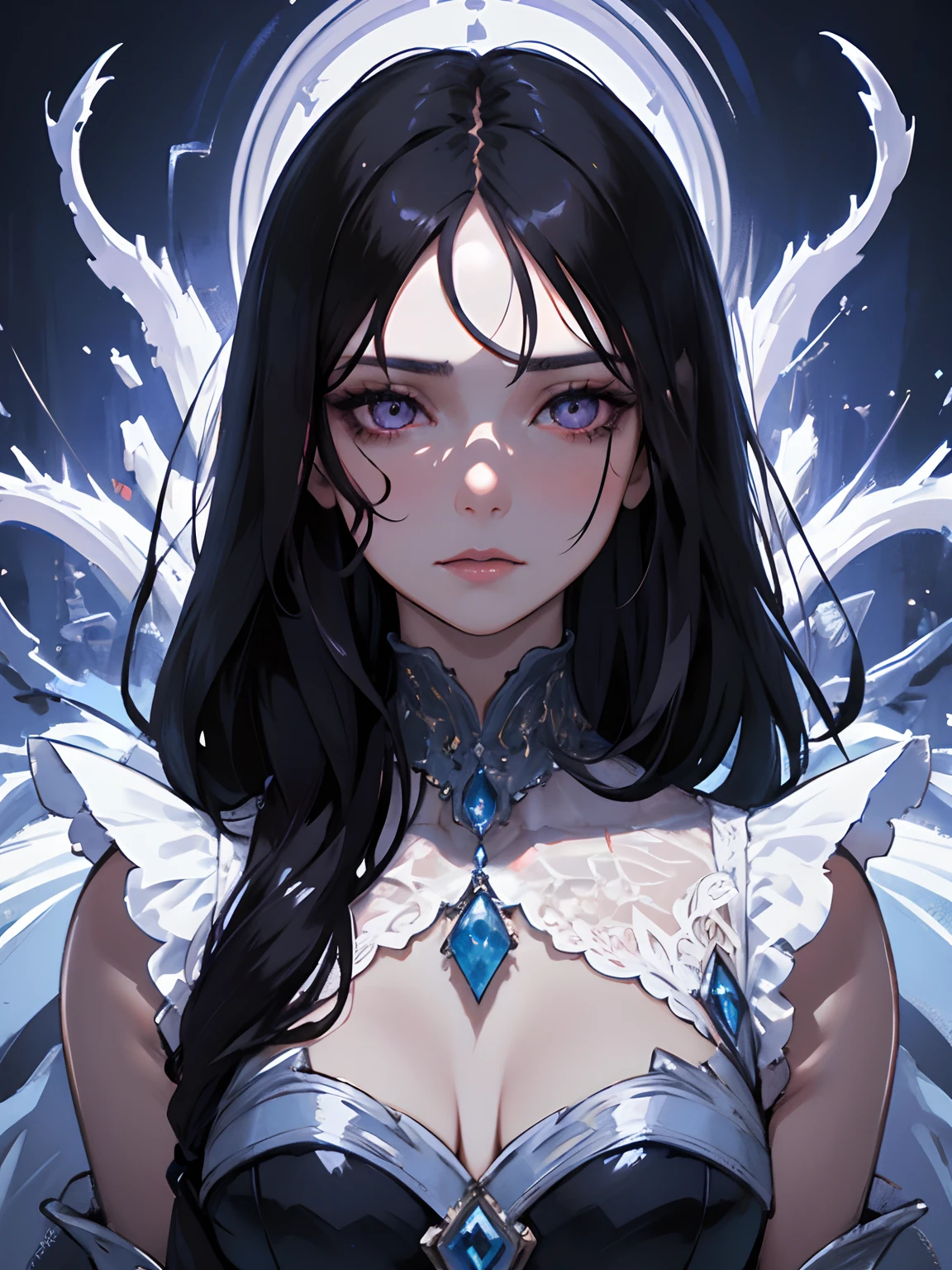 ((masterpiece, best quality)), (1girl), (solo), (female focus), (dark hair, long hair), purple eyes, arms behind back, sad eyes, cold facial expression, cold look, gothic dress, pale skin, colour grading, dark illustration, extreme quality, radiant, extremely detailed, ultra-detailed face, ultra hd 8k, ultra digitality, mythical, dark lightning, perfect face, beautiful, (perfect composition: 1. 4), detailed face and body, award-winning photography , fields, detailed face, detailed hands, looking at the viewer, cinematic lighting, embers, fantasy background, water splashes, foggy haze, (necromancer), (villain), faux traditional media, (masterpiece, best quality, ultra-detailed, best shadow), (beautiful detailed face, feminine features), (best illumination), ((cinematic light)), colorful, hyper detail, dramatic light, intricate details, (dark circle under eyes), gothic, decadence, stunning, eerie