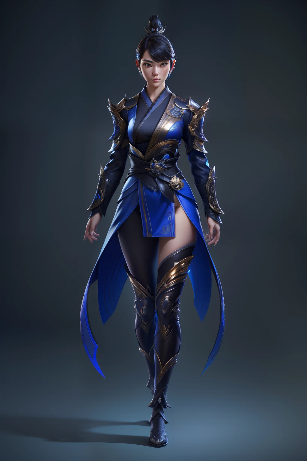 solo, super fine photo, full body digital art Unreal Engine 5 8K UHD of a girl, concept art, character concept design, wearing black tight bodysuit with blue kimono outwear with Japanese details, metallic armor details, arms armor, Japanese short hair, best quality, masterpiece, super detailed, sharp focus, female pose