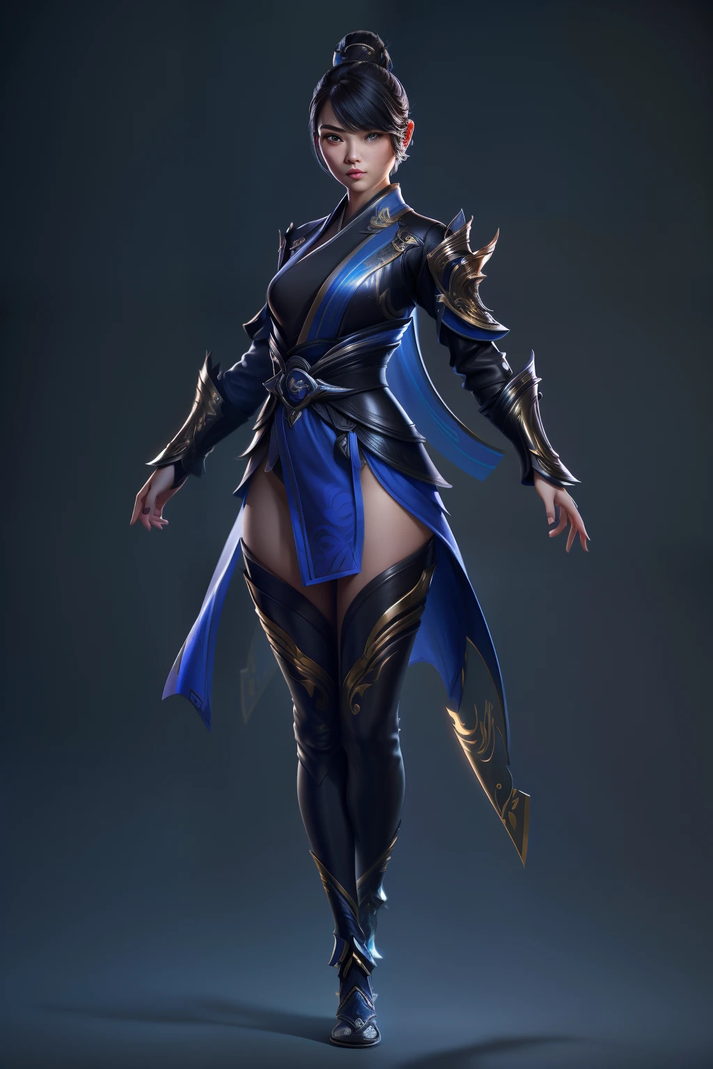 solo, super fine photo, full body digital art Unreal Engine 5 8K UHD of a girl, concept art, character concept design, wearing black tight bodysuit with blue kimono outwear with Japanese details, metallic armor details, arms armor, Japanese short hair, best quality, masterpiece, super detailed, sharp focus, female pose
