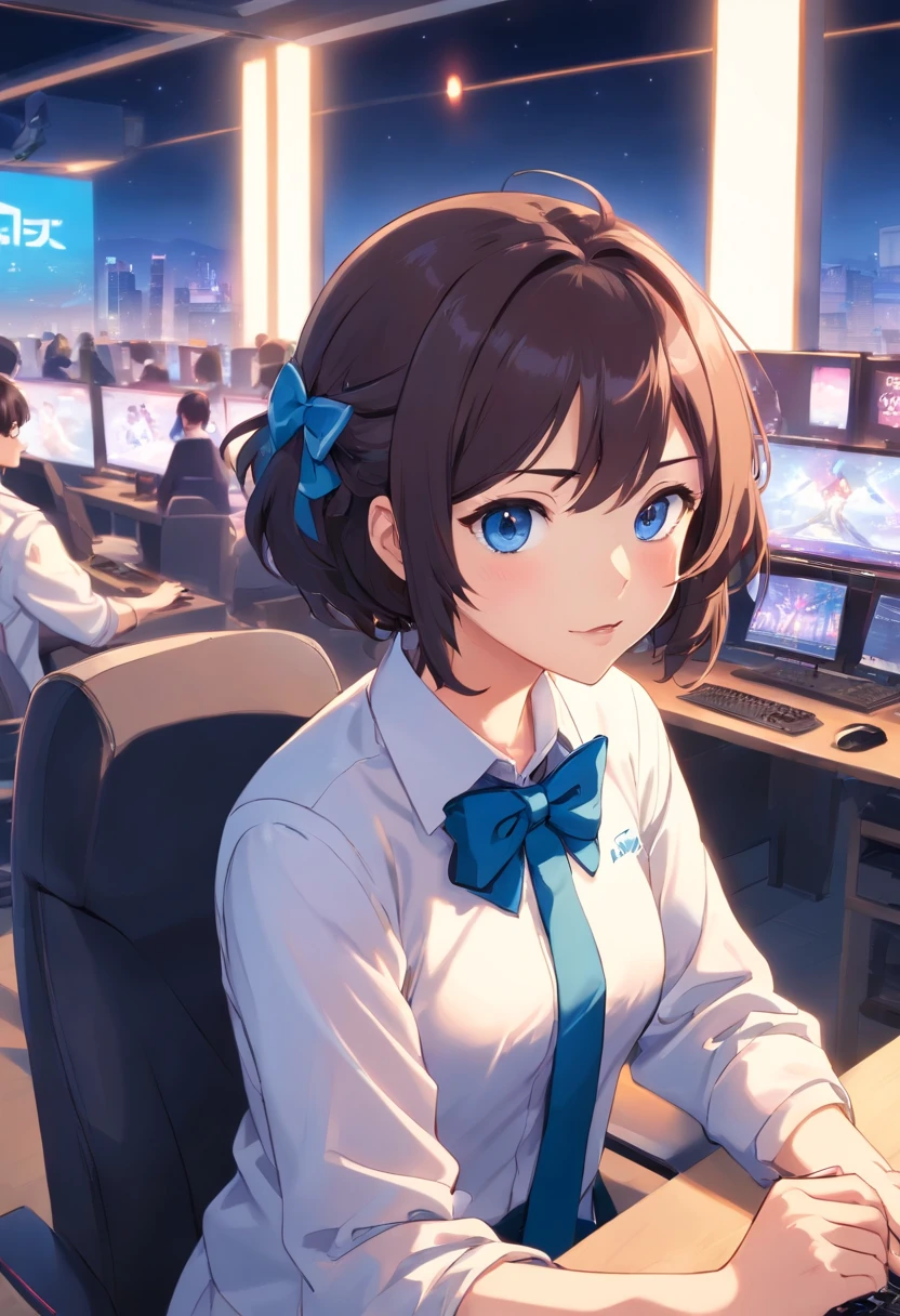 one-girl,Team uniforms,White and blue shirt jacket,blue bowtie,pleatedskirt,long whitr hair,Black hair,eBlue eyes,largeeyes,Red lips,prette,adolable,sitting in front of the computer,Play esports competitions,Many people behind him were cheering and screaming,Cheer for the players,Panoramic view of the esports competition site