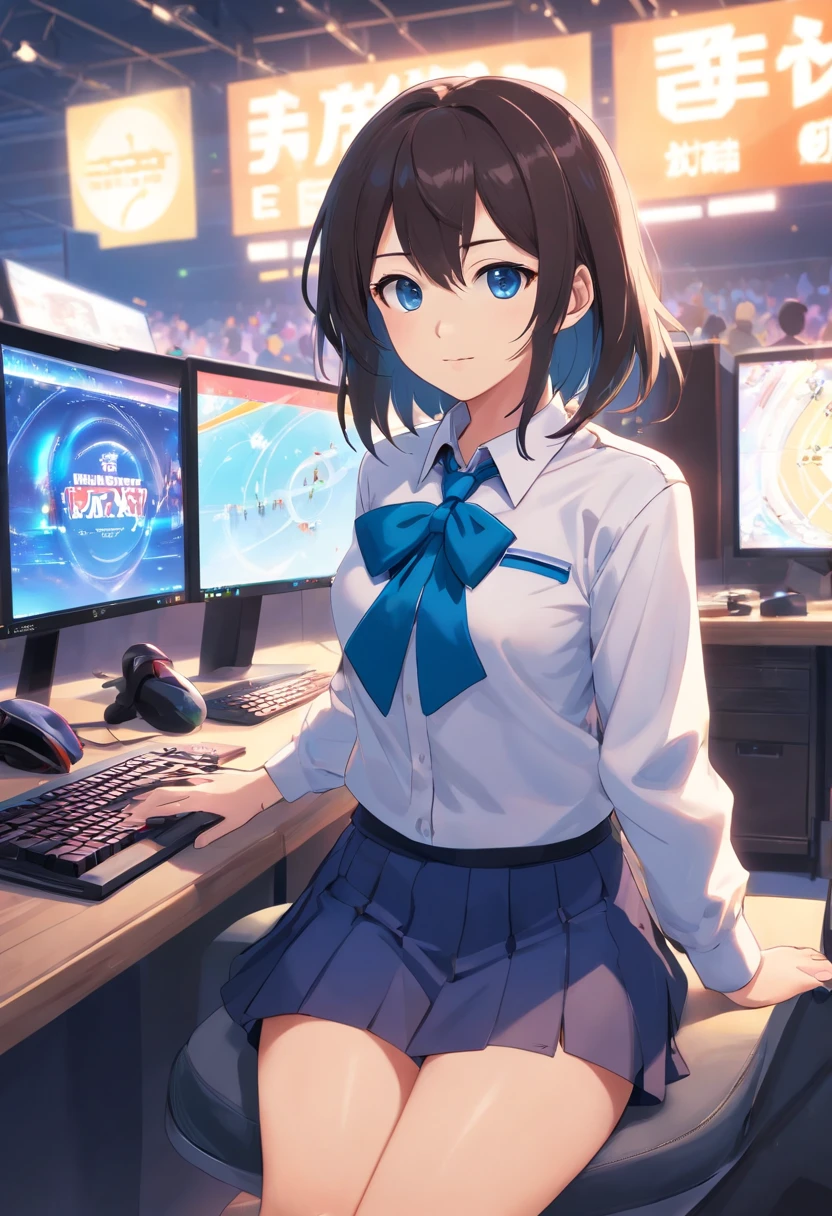 one-girl,Team uniforms,White and blue shirt jacket,blue bowtie,pleatedskirt,long whitr hair,Black hair,eBlue eyes,largeeyes,Red lips,prette,adolable,sitting in front of the computer,Play esports competitions,Many people behind him were cheering and screaming,Cheer for the players,Panoramic view of the esports competition site