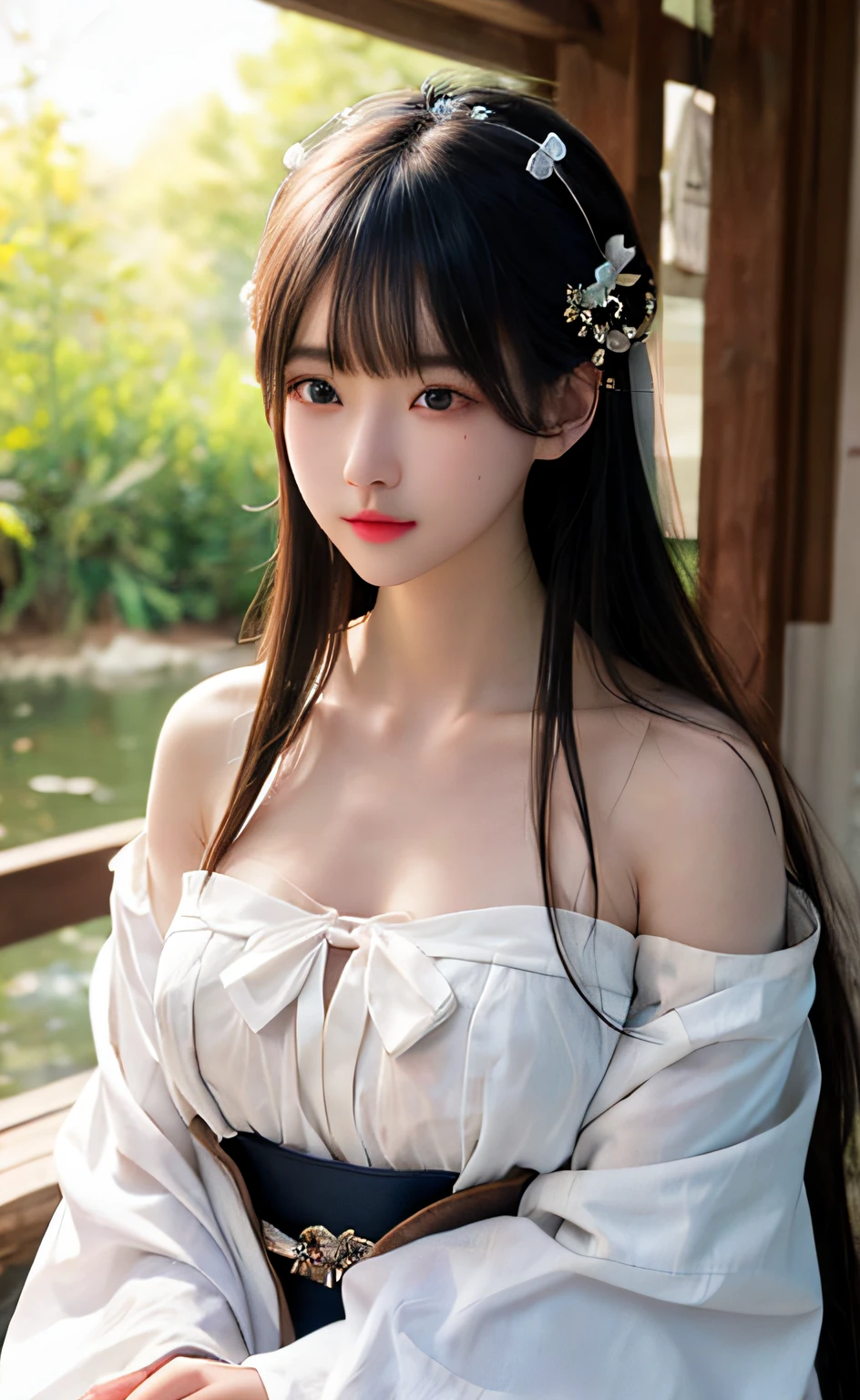 masterpiece,best quality,upper body,1girl,(beautiful face), realistic,long hair, blackhair,(hair bow),(small breasts),(off shoulder),(breast out),(nipple flick),hanfu,looking at viewer, , hanfu,facing viewer,light smile,