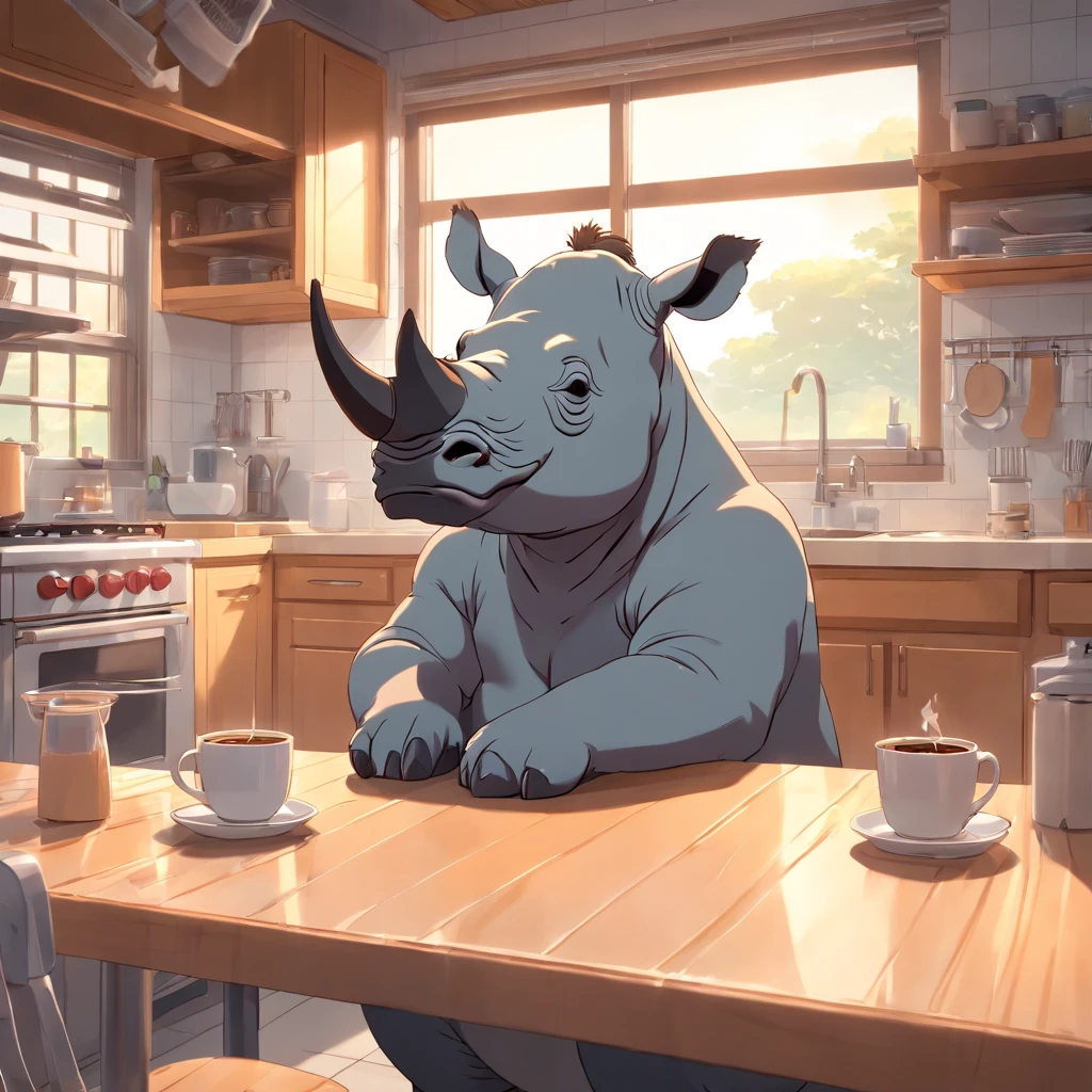 a rhino drinking coffee seated in a kitchen, 3D style, blender, adorable, cute, (pixar style)