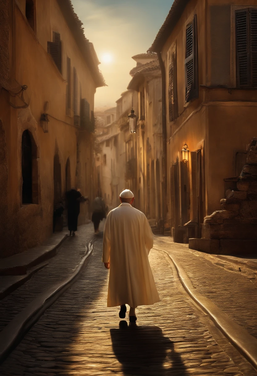 Best quality, Masterpiece, 超高分辨率, (photograph realistic:1.4), surrealism, Dream-like,fusionart, Road,crossroad,with people coming and going,People become paintings,Draw with your hands and feet,There were old people, Children and adults,whoop,Pope Innocent X,There is a wide variety of shoes,Identity has dignity and humility,large scene,Overlooking,Draw with your hands and feet,