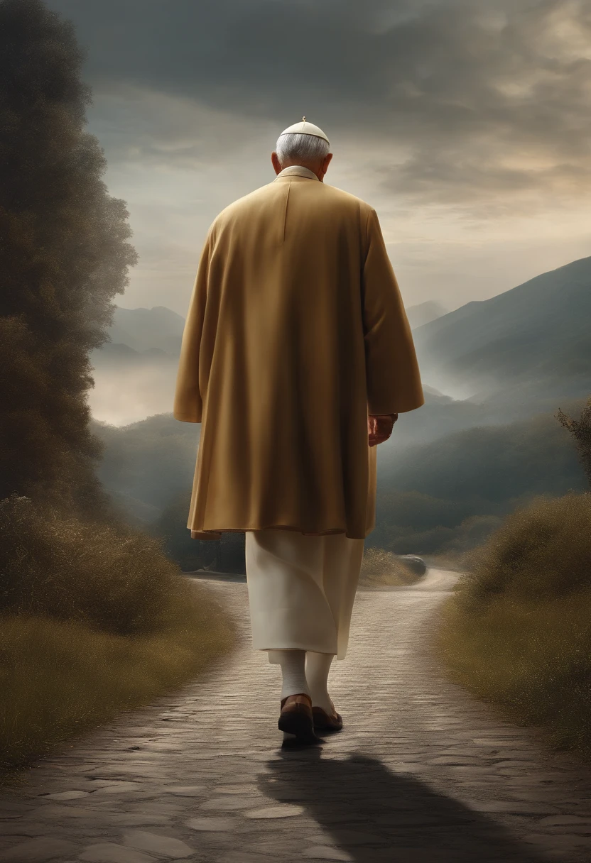Best quality, Masterpiece, 超高分辨率, (photograph realistic:1.4), surrealism, Dream-like,fusionart, Road，crossroad,with people coming and going，People become paintings，Draw with your hands and feet，There were old people, Children and adults，whoop，Pope Innocent X，There is a wide variety of shoes，Identity has dignity and humility，large scene，Overlooking，Draw with your hands and feet，