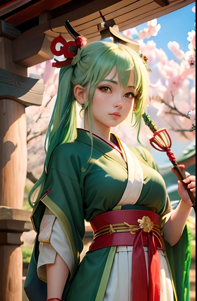 masterpiece, archer girl with green hair, wearing a shrine maiden outfit, sakura blossoms background, torii gate, looking at viewer