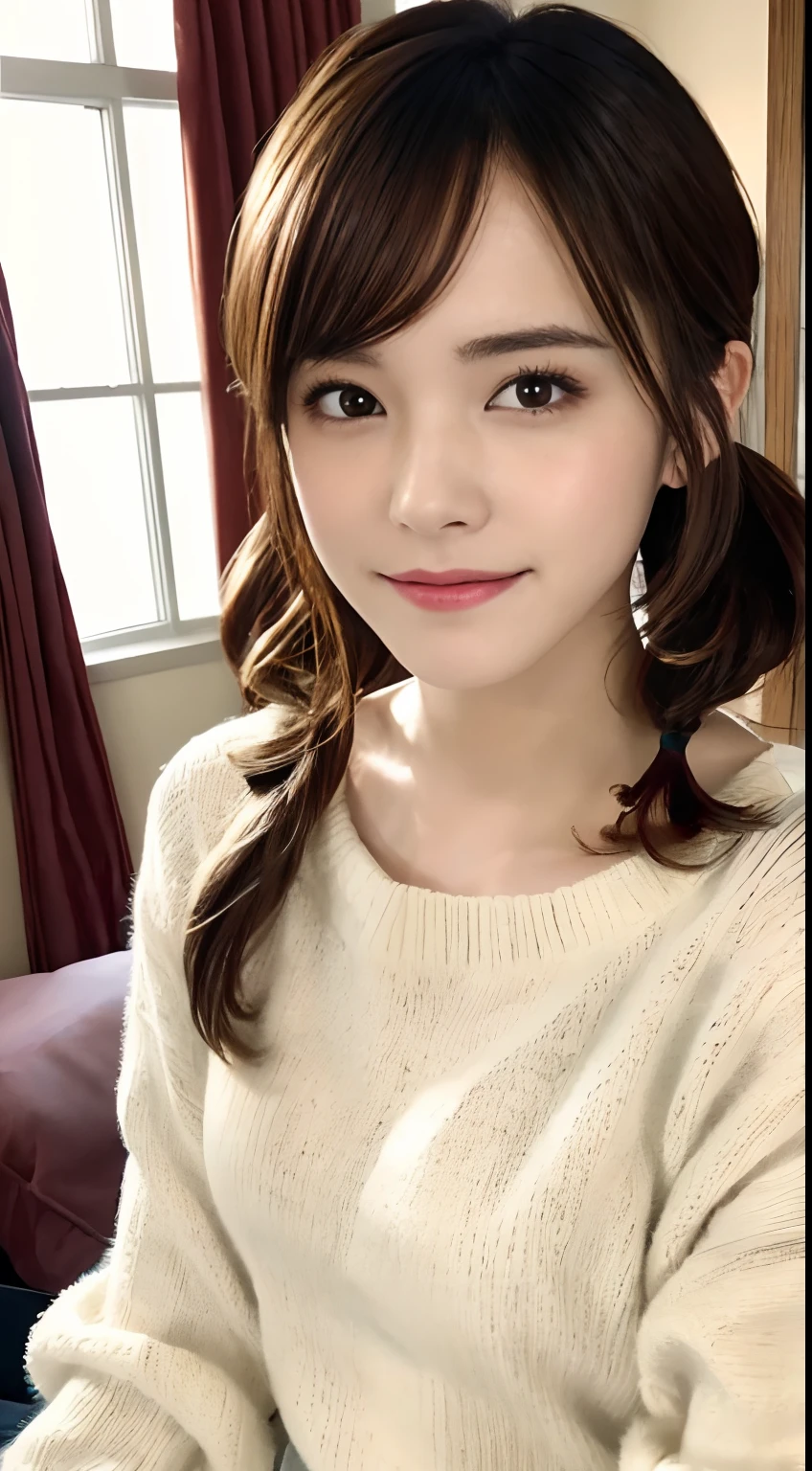 (A hyper-realistic), (hight resolution), (8K), (ighly detailed), (beatiful detailed eyes), (top-quality), (ultra-detailliert), (masterpiece), (Detailed face), selfee、Face Up、softfocus、fluffy sweater、japanes, Smile, twintails hairstyle、Hotel room, morning hour、face of emma watson、bookcase、houseplant、the morning sun