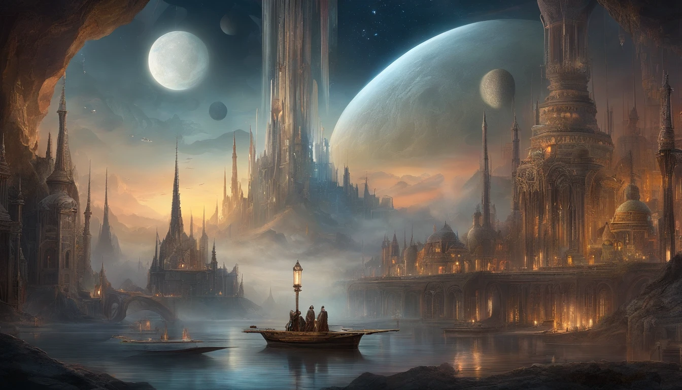 Best quality, Masterpiece, Photorealistic, (High resolution CGI artwork 8k), Create futuristic alien interiors in stunning vampire style, The color scheme is white and ethereal, Reflective opal, Rose style, marbled, the bats, minerais preciosos, metals, Gemstones, crystals, Gorgeous and magnificent historical windows, A high resolution, 3D rendering of digital art masterpieces, The perfect blend of fantasy and reality, Fantastic shimmer, The cityscape is a mysterious fantasy alien world, Inspired by Beeple