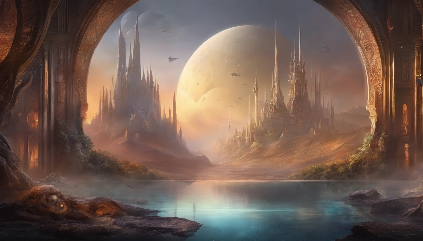 Best quality, Masterpiece, Photorealistic, (High resolution CGI artwork 8k), Create futuristic alien interiors in stunning vampire style, The color scheme is white and ethereal, Reflective opal, Rose style, marbled, the bats, minerais preciosos, metals, Gemstones, crystals, Gorgeous and magnificent historical windows, A high resolution, 3D rendering of digital art masterpieces, The perfect blend of fantasy and reality, Fantastic shimmer, The cityscape is a mysterious fantasy alien world, Inspired by Beeple