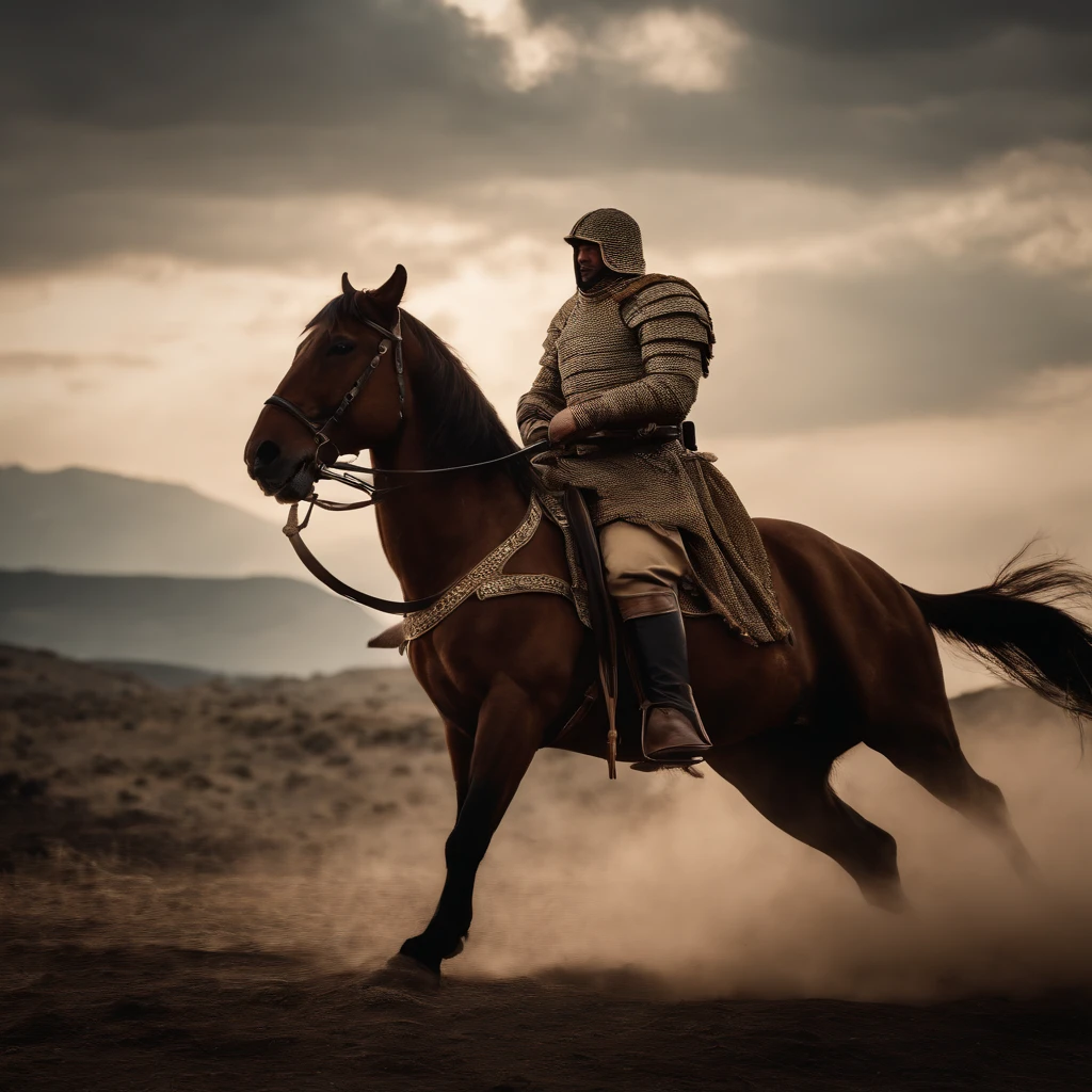 in a panoramic view, fundo de fogo, magic realism, Anime peito grande, hiper HD, Super Detalhe, Detalhes altos, melhor qualidade, A high resolution, A high resolution, Premiados, Premiados, anatomicamenUm homem a cavalo:1.5,with sword in hand, poster art inspired by Kanō Hōgai, trending on pixabay, Renascimento, solomon kane, As Solomon Kane, O Terceiro Cavaleiro, , wuxia, Cavalo Guerreiro, Tim Bradstreet, vampire hunter d, Cavaleiro do Apocalipse, Gengis Khan, arabian samurai)Give a cinematic background on fire