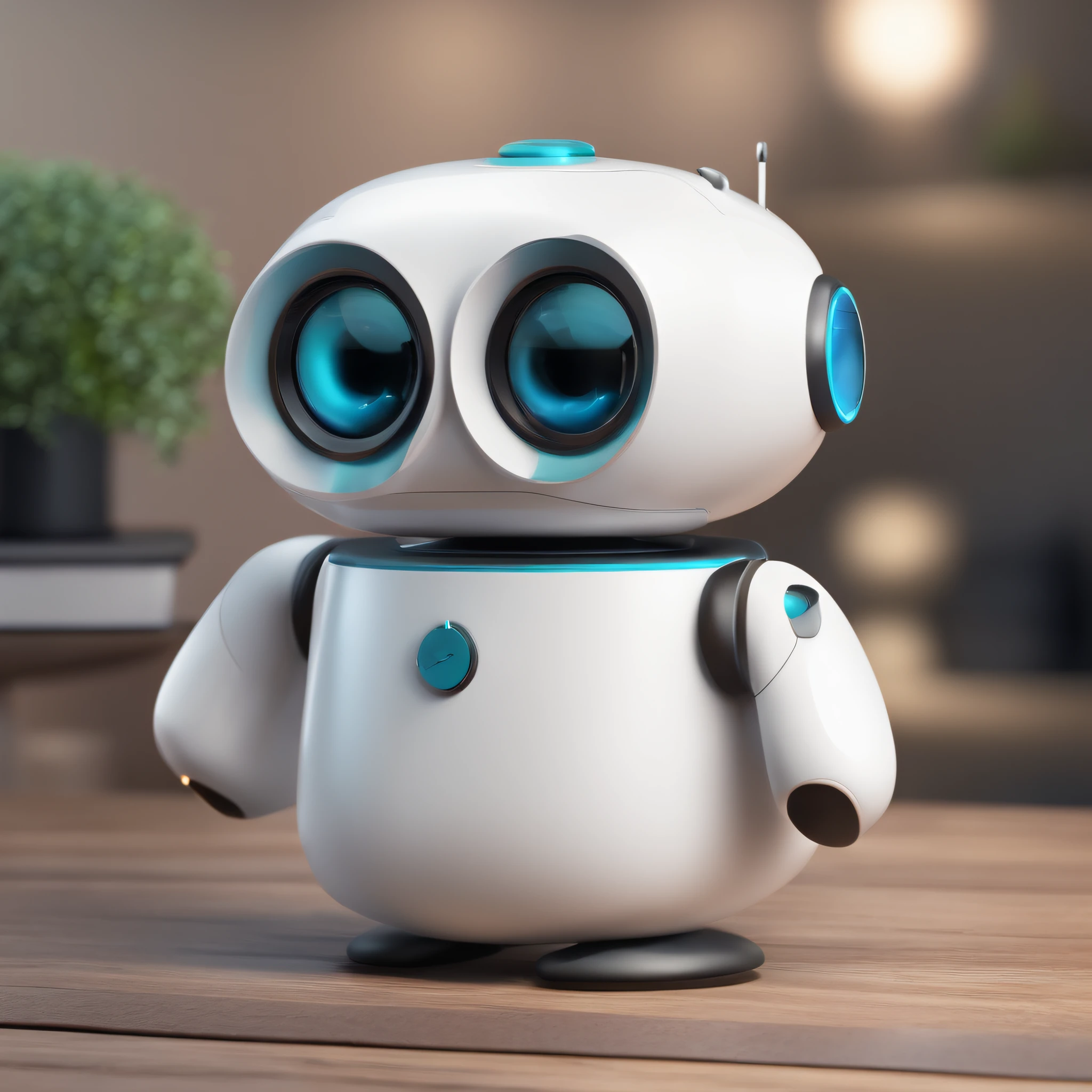 Create a 3D icon of a cheerful and approachable chatbot companion. The chatbot should have a rounded body with smooth edges, giving a sense of friendliness and modernity. It should have expressive eyes and a simple mouth that can convey different emotions through subtle changes.
