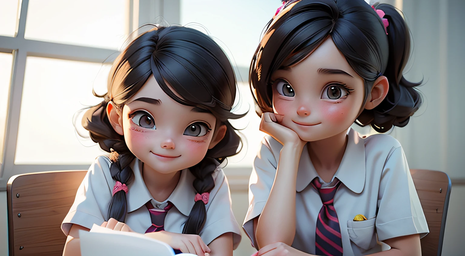 two cute young girls of same age in school uniform doing homework in classroom, hair properly tied up, one girl is smiling, daytime, 3D pixar style