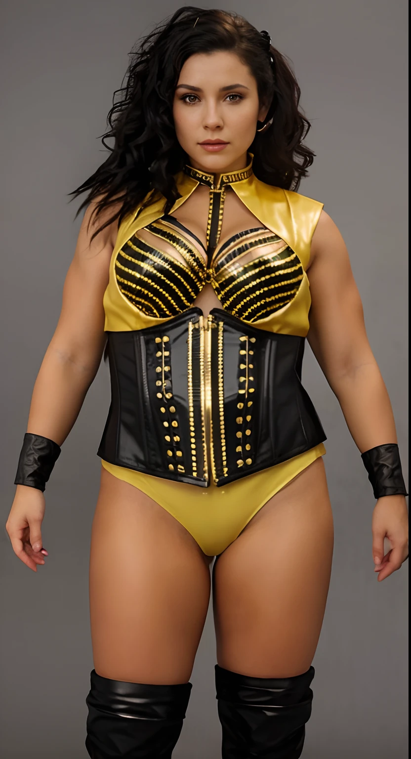 (Chef d'oeuvre, 4K) Une femme en tenue jaune et noire posant pour une photo, Haut du torse inclus, Corset d’or, Skimpy leather armor, Gilets et corsets, Body shot of the cinematic goddess, Muscular ultraviolent woman, black and golden armor, Fancy leather clothing, Rendu divin, Armure noire aux accents jaunes, Tenue de guerrier, Daz Studio Genesis Iray Femme, daz 3 d