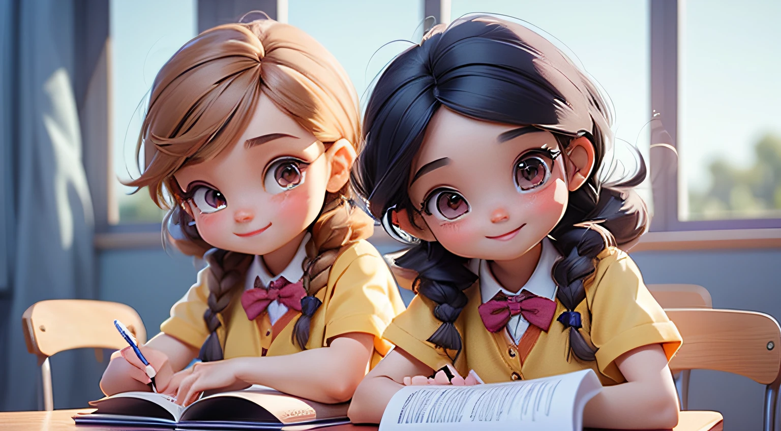 two cute young girls of same age in school uniform doing homework in classroom, hair properly tied up, one girl is smiling, daytime, 3D pixar style