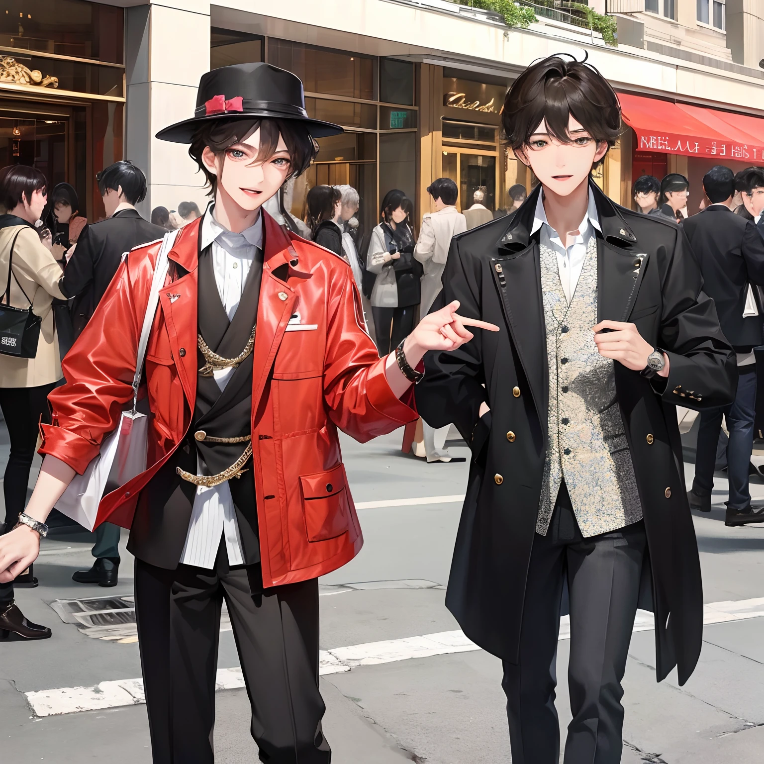 Here is a photo,The photo shows a 20-year-old rich second generation。He stood on the sunny city street,The backdrop is a high-rise building and a lavish shopping mall。He wears fashionable designer clothes,Dress brightly。He wears a stylish hat,Wear delicate accessories,A precious watch with jewels on the wrist。
This rich second generation looks confident and elegant,He has a neatly trimmed fashionable hairstyle,The energetic smile shows his confidence and joy。He was carrying some luxury shopping bags,Symbolizes his pursuit of fashion and quality。He may have a few friends around him,They are also all dressed stylishly,Talking and laughing with each other,It seems to be enjoying their wealth and youthful life。