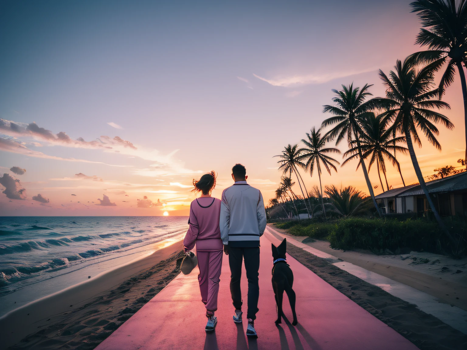 2k wallpapers ,2guys,1boy和1girl,1dogs,Pink sunset in the sky,a cement road,coconut palms,Handsome foreign boy,Girl back,track suit,romantic atmoshere,sandbeach