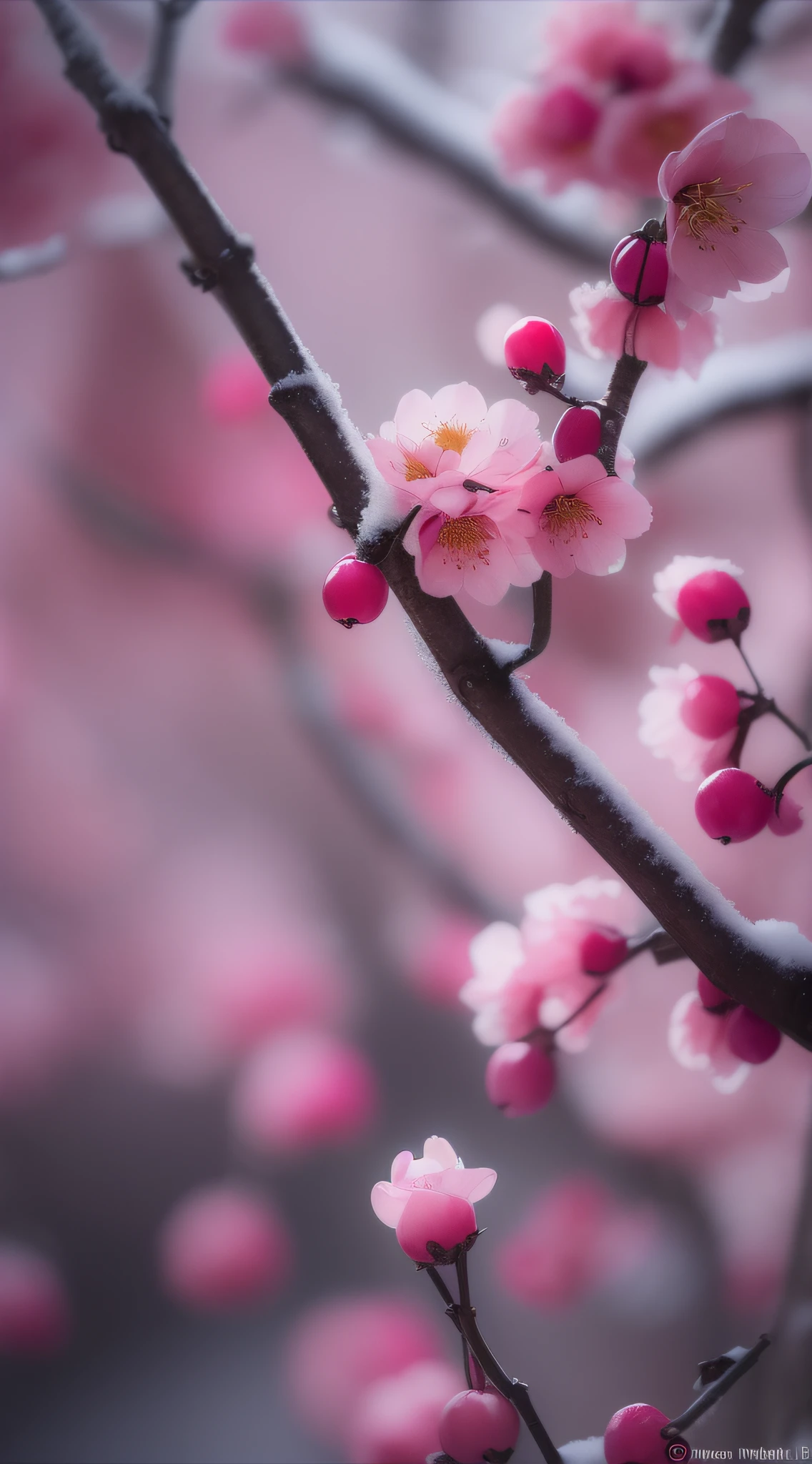 Plum blossoms grow among the bushes in the garden, Cold plum in winter,Snow on tree branches, Plum blossoms in the light of cinema, , Photo of plum blossoms, anna nikonova, muted red, photo taken with canon 5d, soft light 4 k in pink, taken with a pentax k1000, Incredibly beautiful, softlighting