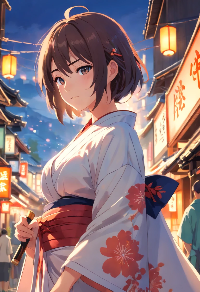 Solo, huge breasts, cleavage, kimono, have a katana, Kyoto town,