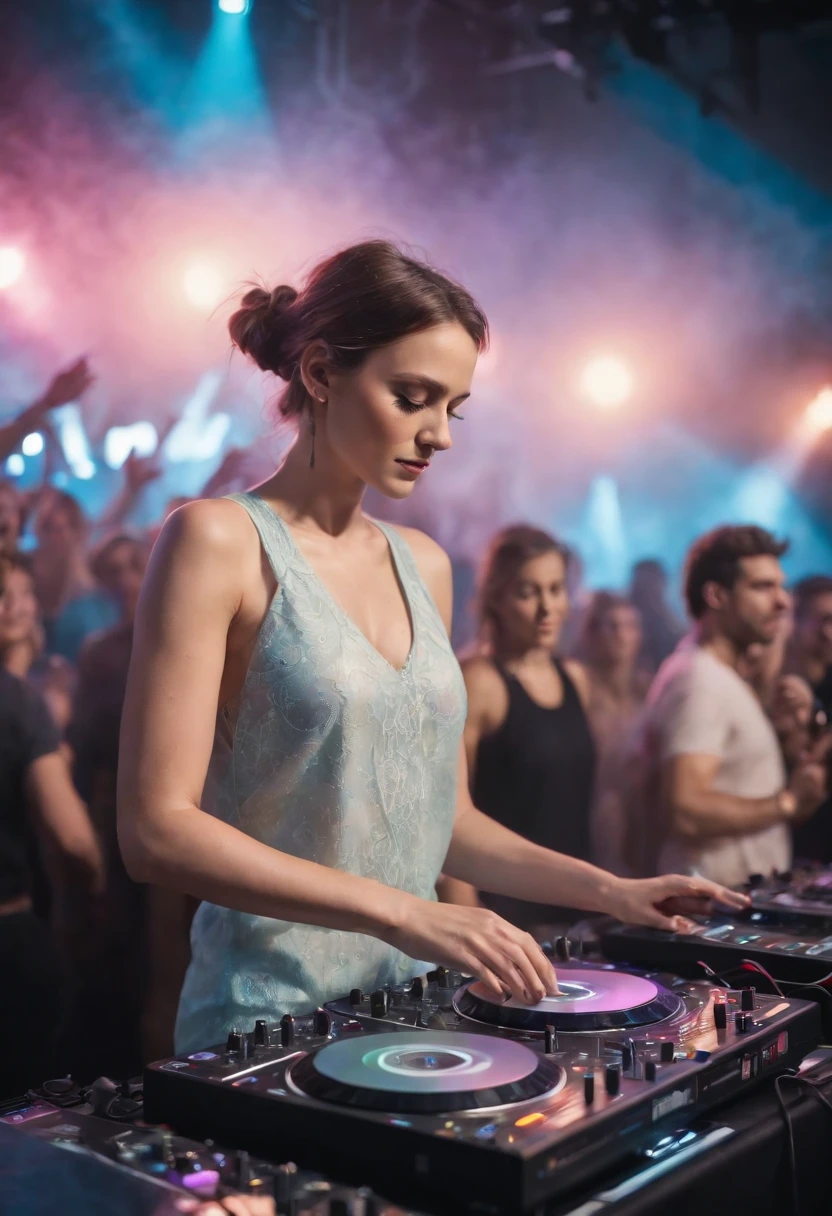 ((masterpiece:1.3)), ((best quality:1.3)), ((ultra_detailed:1.3)), luminous design, pastel colors, ink drips, DJ, close-up shot of upper body, observing the crowd, In this mesmerizing visual composition, a woman takes center stage, surrounded by a luminous design that radiates with vibrant pastel colors. The design seems to come alive, with ink drips cascading down, adding an ethereal touch to the scene. The woman, a DJ, is captured in a close-up shot of her upper body, standing behind the decks. Her gaze is fixed upon the crowd, observing their every move. The intensity in her eyes reflects her deep connection with the music and the energy of the crowd. The composition is meticulously detailed, with every intricate pattern and color gradient of the luminous design rendered with precision. The pastel colors create a dreamlike atmosphere, enhancing the enchanting aura of the scene. The ink drips add a touch of unpredictability and creativity, symbolizing the fluidity and artistry of the DJ's craft. As the DJ observes the crowd, the energy in the room is palpable. The crowd is a blur of movement, with hands raised and bodies swaying to the rhythm. The DJ's presence is magnetic, guiding the energy of the room with her music selection and skillful mixing. This composition is a true masterpiece, capturing the fusion of music and visual art in a captivating and immersive way. It celebrates the creativity and passion of DJs, while inviting viewers to be part of the electrifying atmosphere of a live performance.